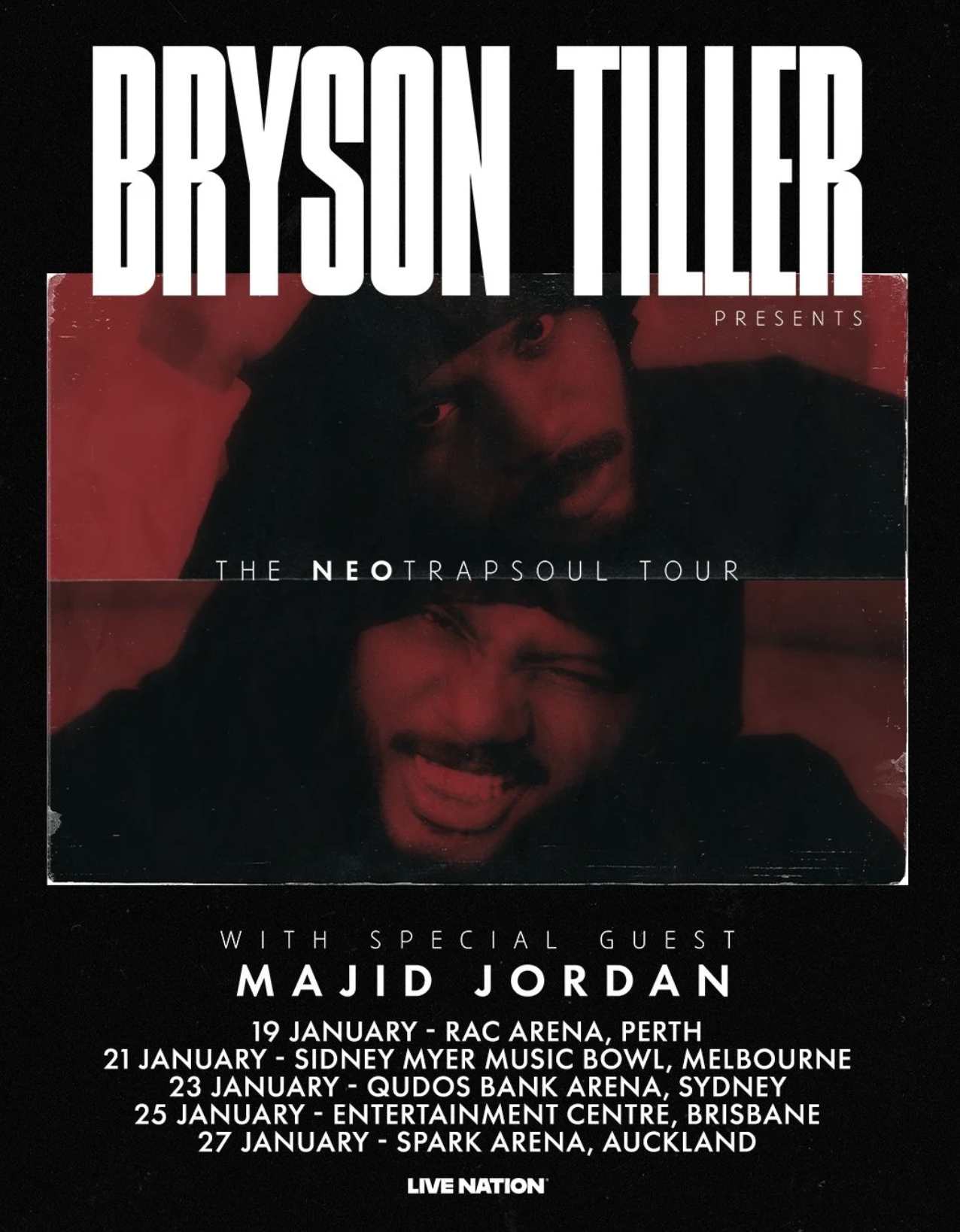 Bryson Tiller tour poster for The NeoTrapsoul Tour featuring special guest Majid Jordan, showing concert dates across Australia and New Zealand.