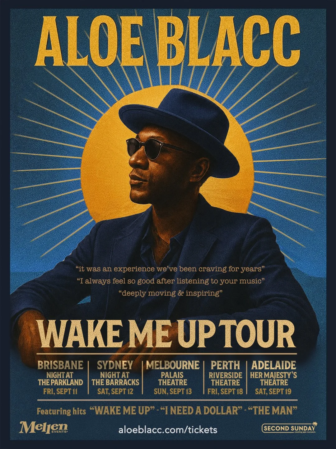 Aloe Blacc Wake Me Up Tour poster featuring a blue-suited portrait with a sun graphic and Australian dates for Brisbane, Sydney, Melbourne, Perth, Adelaide.