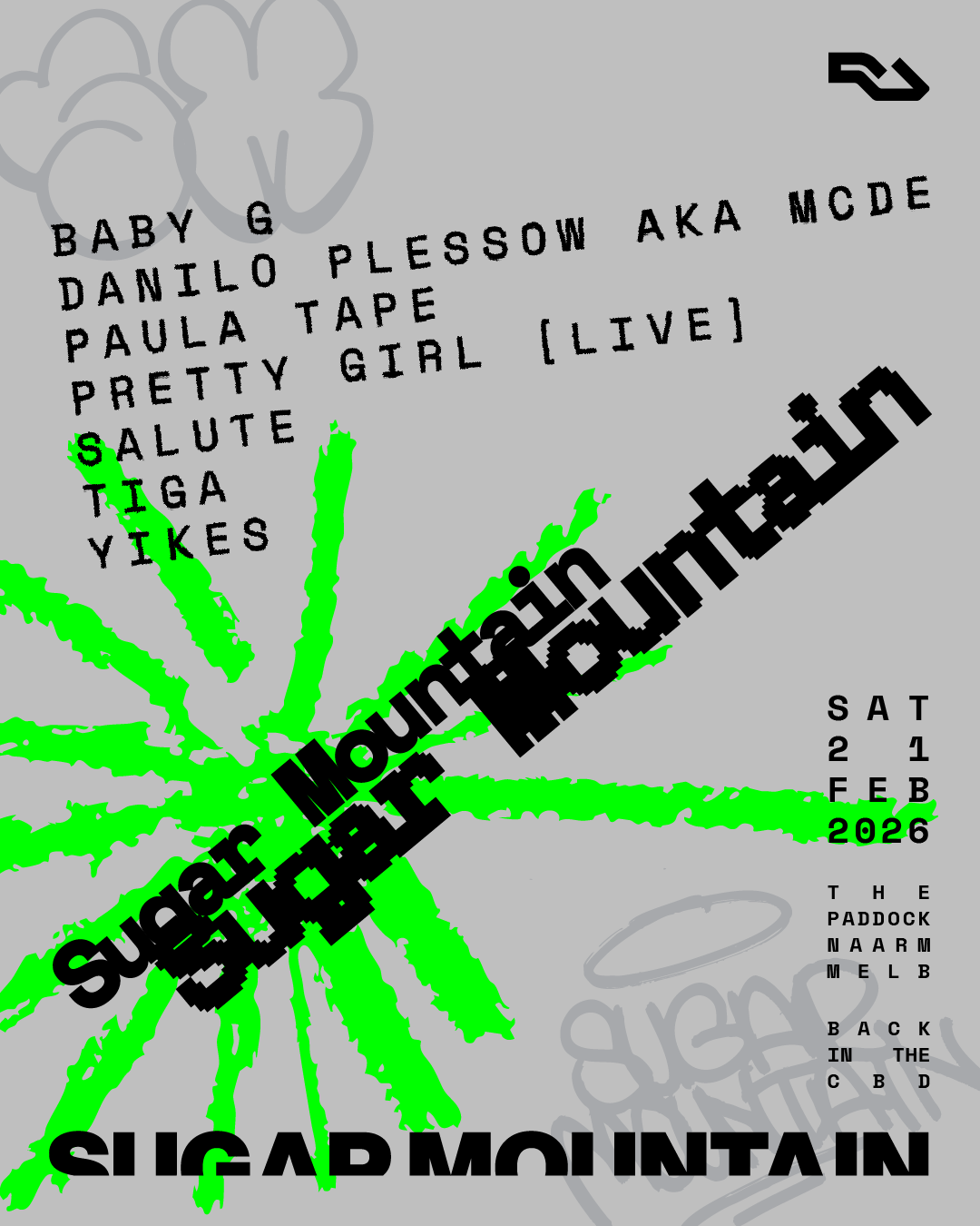 Sugar Mountain Festival 2026 Poster: Lineup includes Danilo Plessow, Pretty Girl [Live], Salute, Tiga, and Yikes.