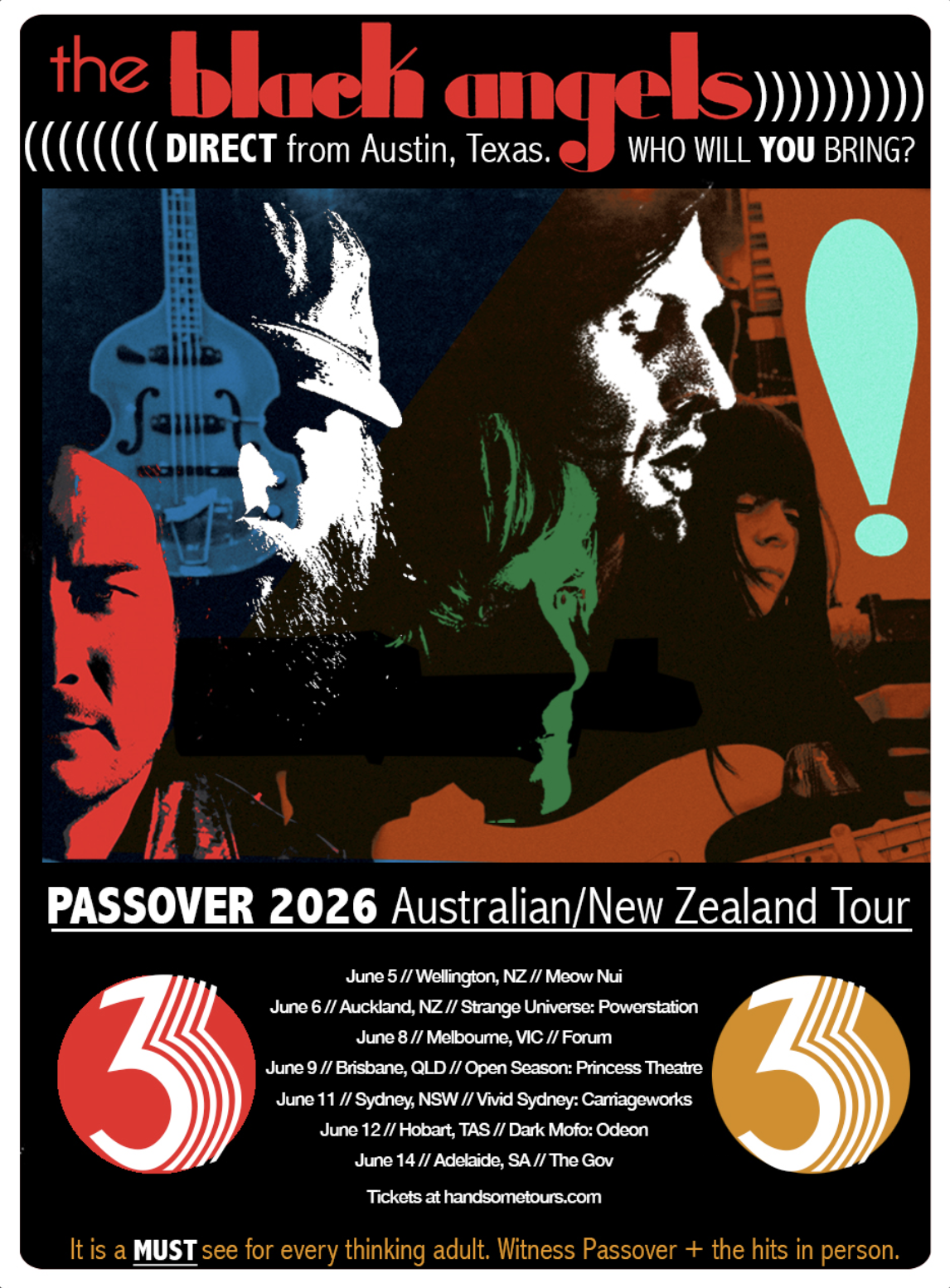 The Black Angels 'Passover' Australian and New Zealand tour poster featuring dates for Sydney, Melbourne, Brisbane, Adelaide, and Wellington.