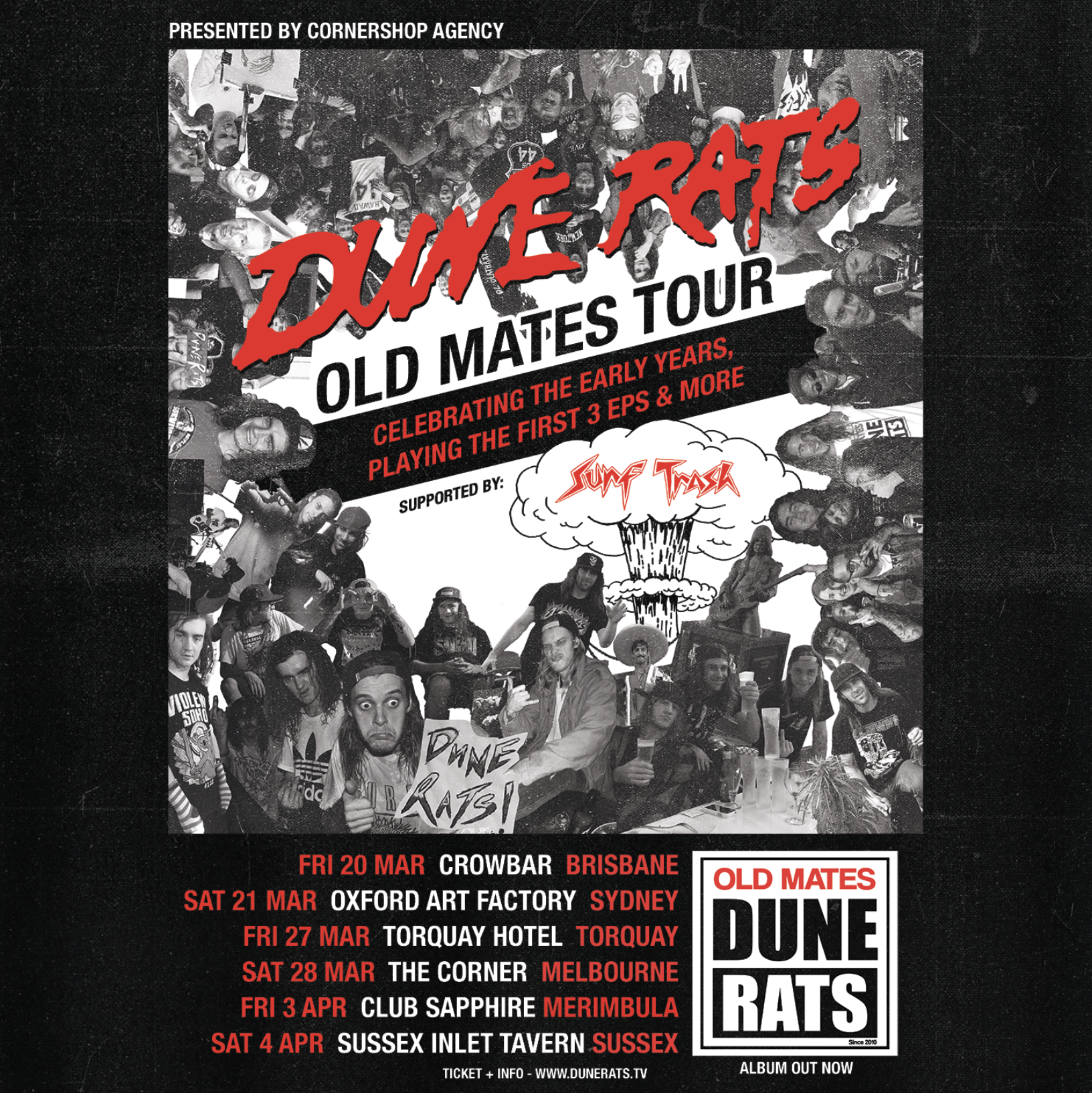 Tour poster for Dune Rats' 2026 "Old Mates Tour" with Surf Trash, listing March and April dates for Brisbane, Sydney, Melbourne, and regional NSW.