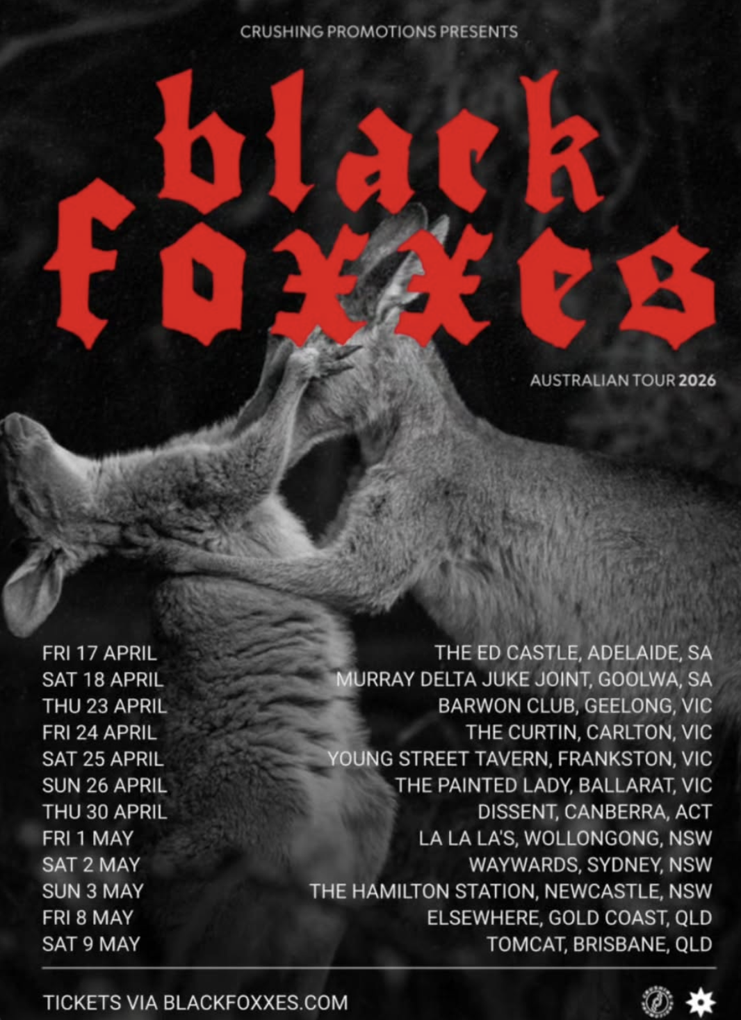 Black Foxxes Australian Tour 2026 poster with black & white kangaroos, featuring dates for Adelaide, Melbourne, Sydney, Brisbane, and more.