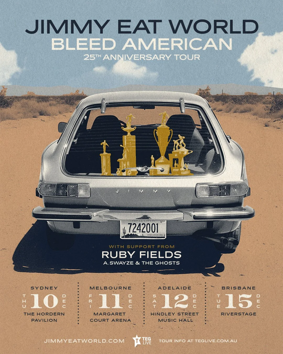 Jimmy Eat World Bleed American 25th Anniversary Australian tour poster with Ruby Fields, listing dates for Sydney, Melbourne, Adelaide, Brisbane.