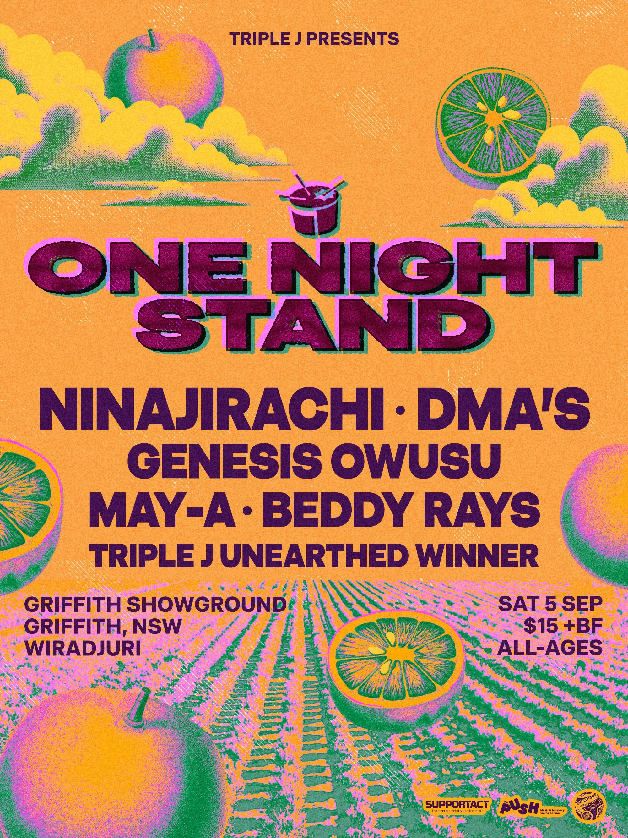 Poster for triple j's One Night Stand on Sat 5 Sep, featuring Ninajirachi, DMA'S, Genesis Owusu, MAY-A, Beddy Rays, over a grainy orange citrus theme.