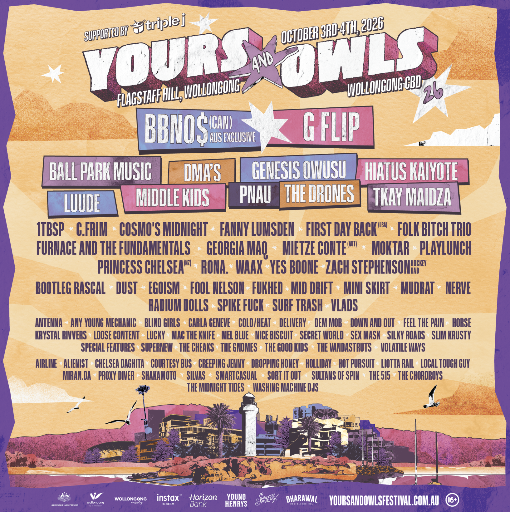Yours and Owls Festival 2026 poster featuring headlines bbno$ and G Flip above a large music lineup and an illustration of Flagstaff Hill.