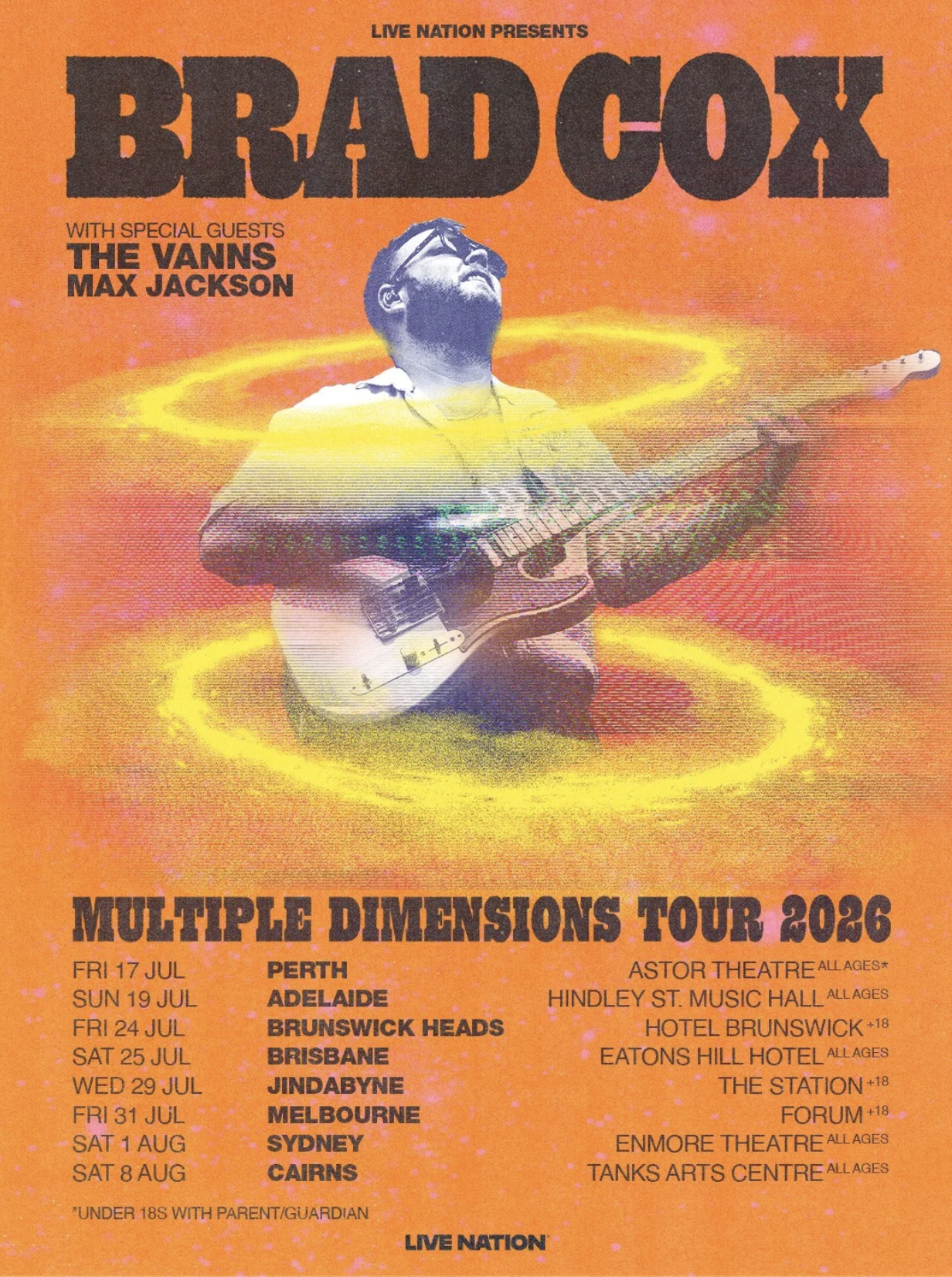 Brad Cox Multiple Dimensions Tour 2026 poster with special guests The VANNS and Max Jackson, featuring Australian tour dates on an orange background.