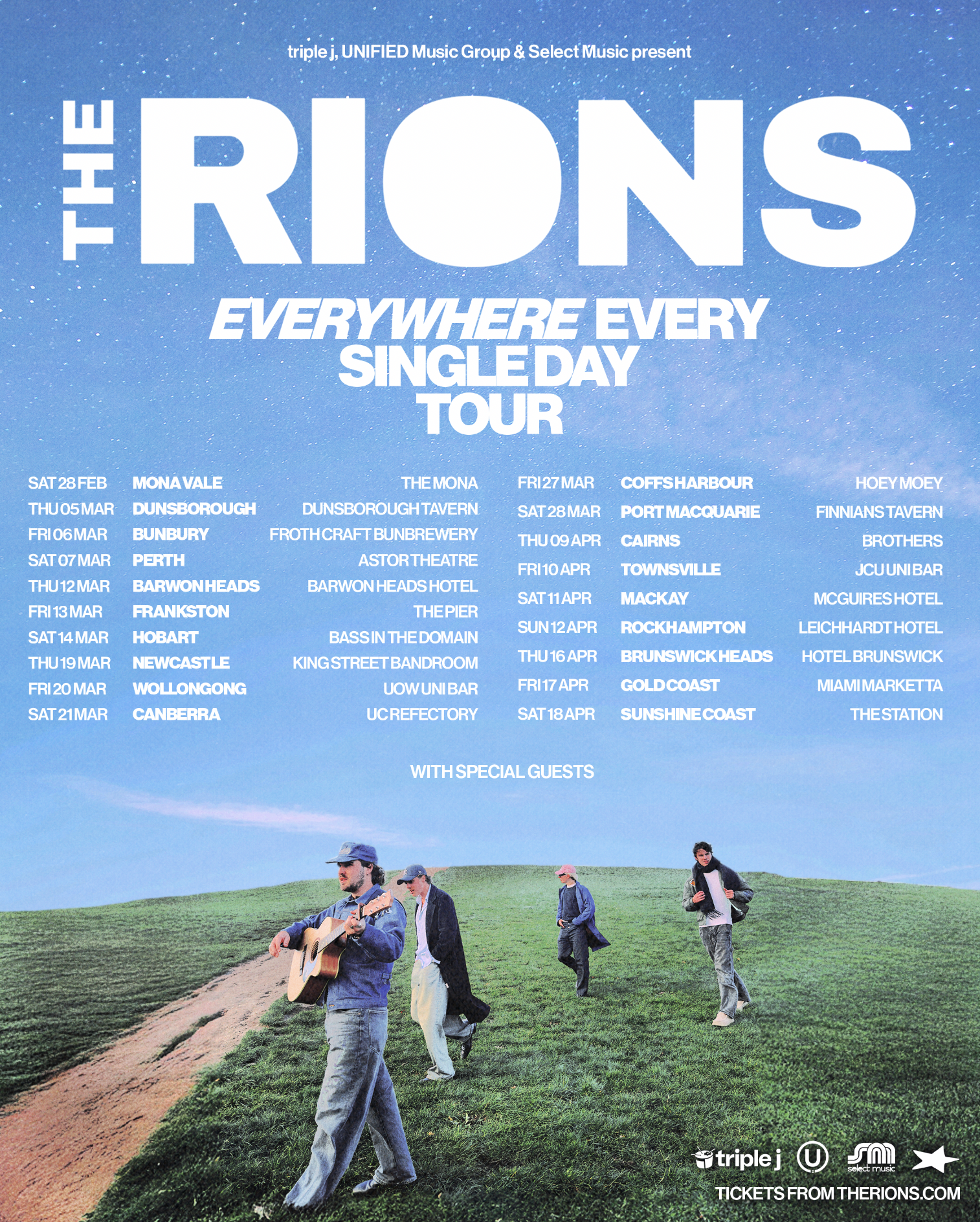 The Rions' Everywhere Every Single Day Tour poster featuring Australian dates and venues for their regional tour.