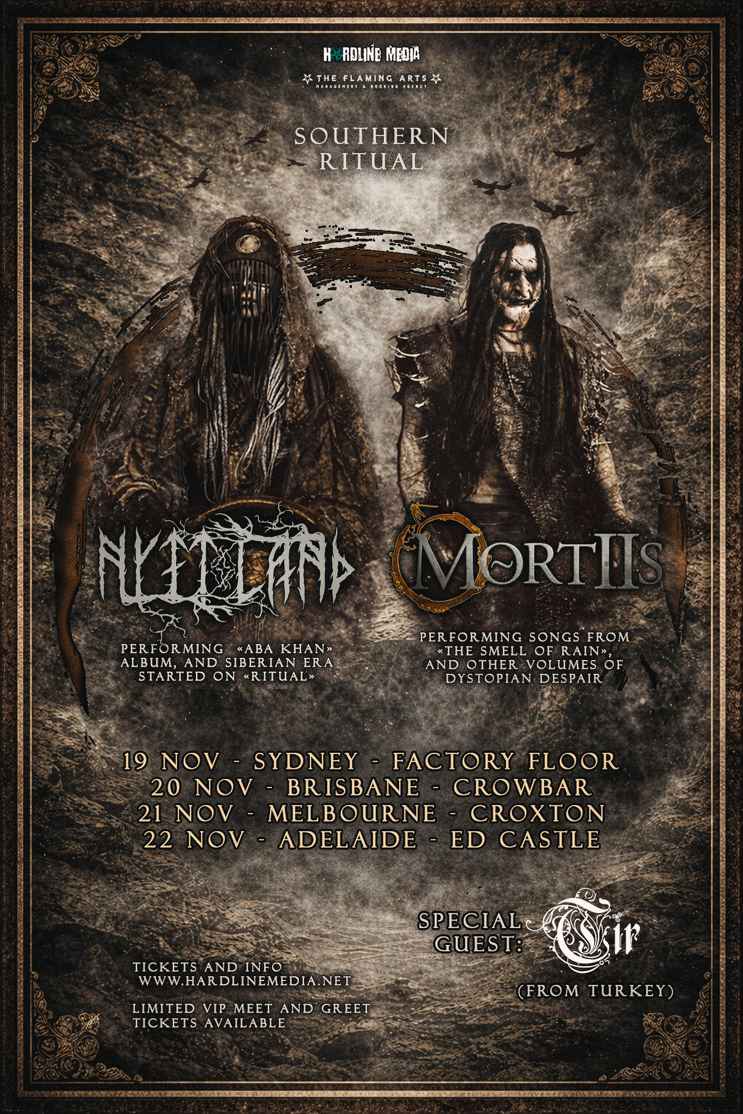 Tour poster for Mortiis and Nytt Land Australian 2026 shows, Southern Ritual dates and venues listed.