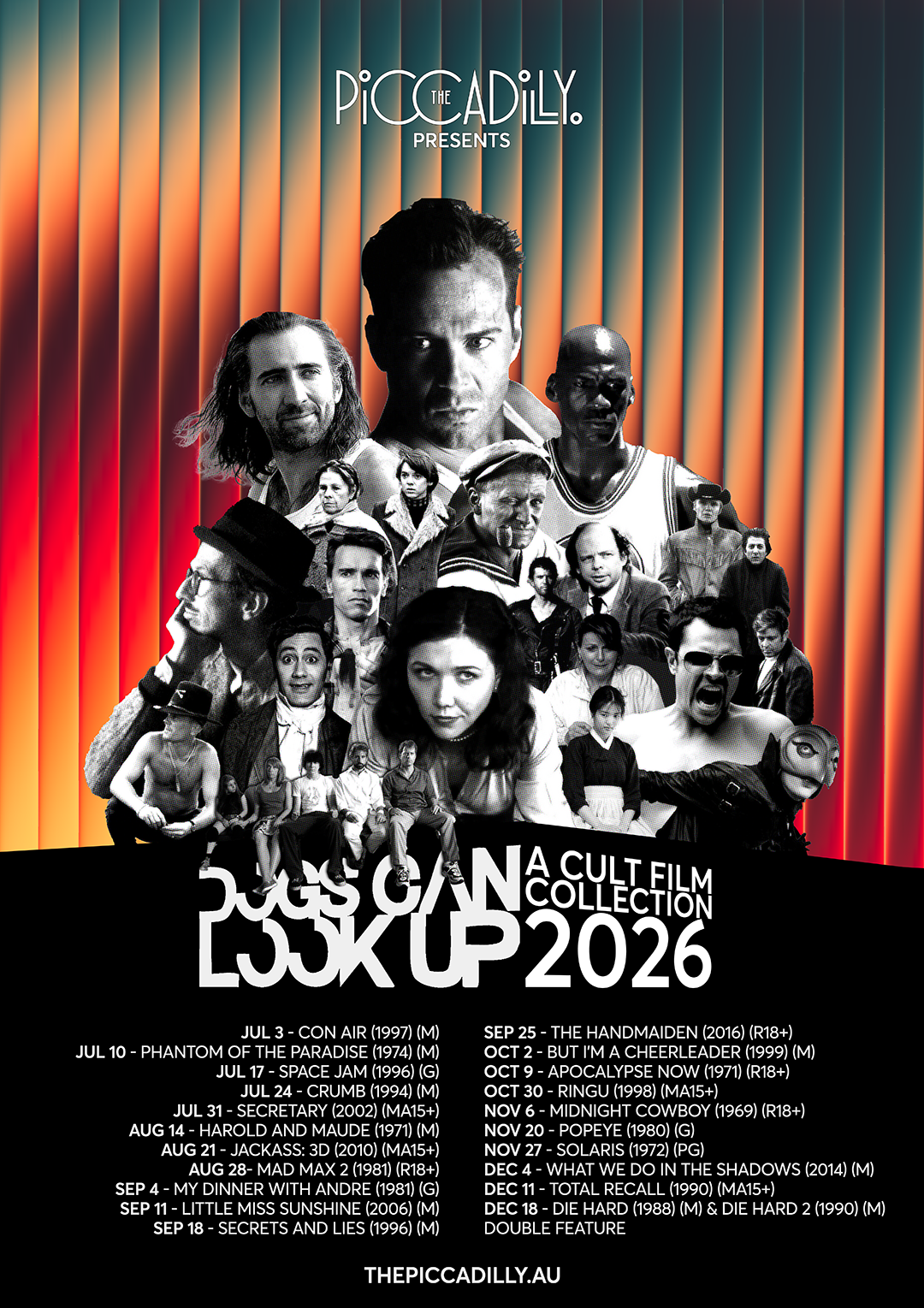The Piccadilly presents Dogs Can Look Up A Cult Film Collection 2026 poster with an actor collage and film screening dates for Piccadilly Cult Film Poster