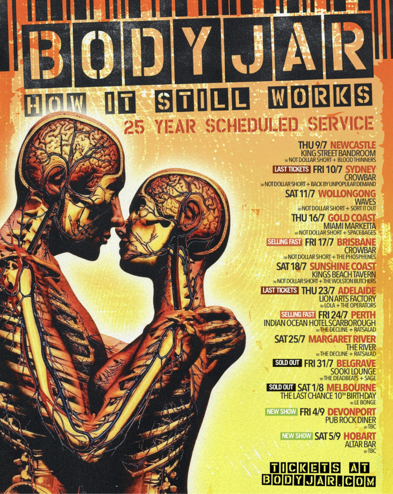 Bodyjar "How It Still Works" 25-year tour poster featuring stylized, anatomical artwork of two embracing figures against an orange and yellow background.