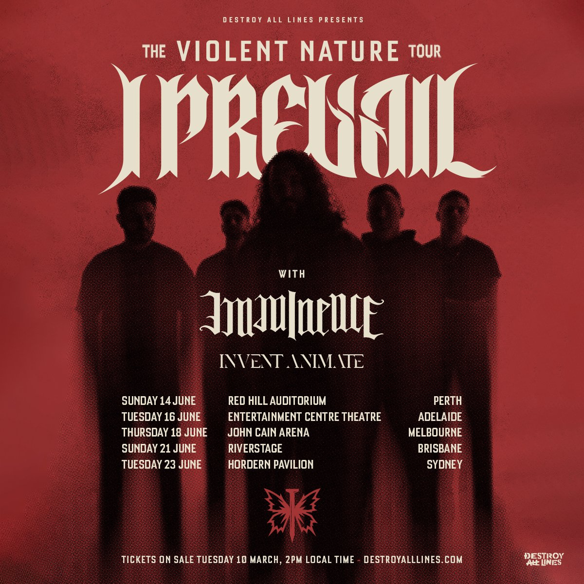 I Prevail The Violent Nature Tour poster featuring Imminence and Invent Animate. Red background with June 2026 Australia tour dates and ticket info.