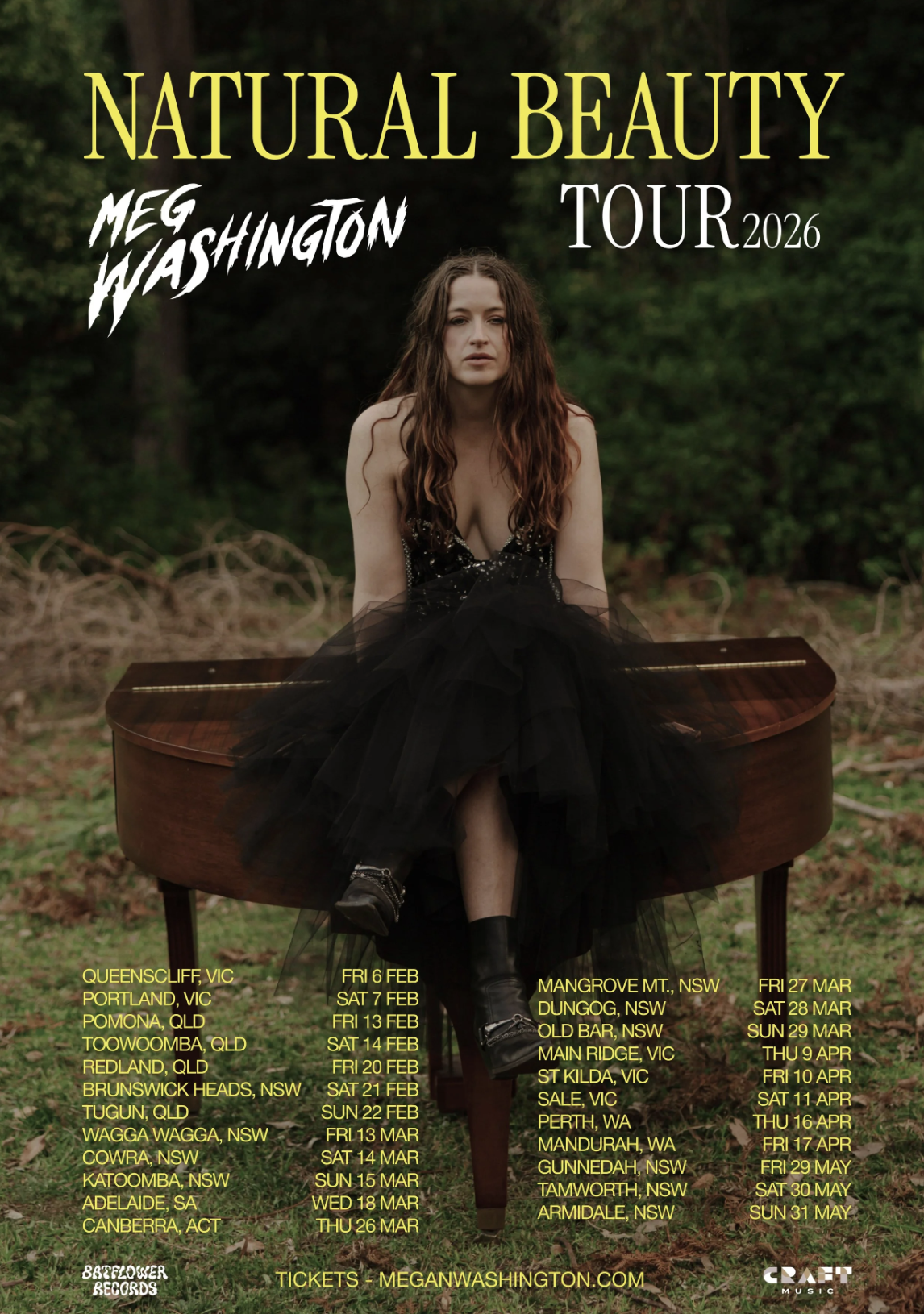 🎹 Meg Washington "Natural Beauty Tour 2026" poster: Singer sitting on a grand piano in a forest, wearing a black tulle dress. Australian tour dates listed.