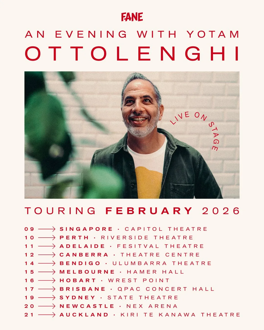 Tour poster for "An Evening with Yotam Ottolenghi" live on stage in February 2026, listing cities like Perth, Adelaide, Melbourne, and Sydney.