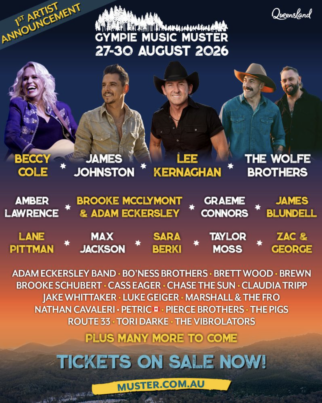 Gympie Music Muster 2026 poster featuring Beccy Cole, Lee Kernaghan, James Johnston, and The Wolfe Brothers. August 27-30 in Queensland.