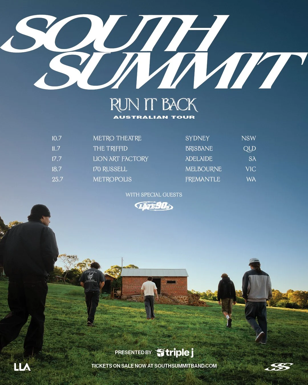 South Summit "Run It Back" Australian tour poster with special guests Late 90s. Band members walk in a field toward a brick hut under a blue sky.