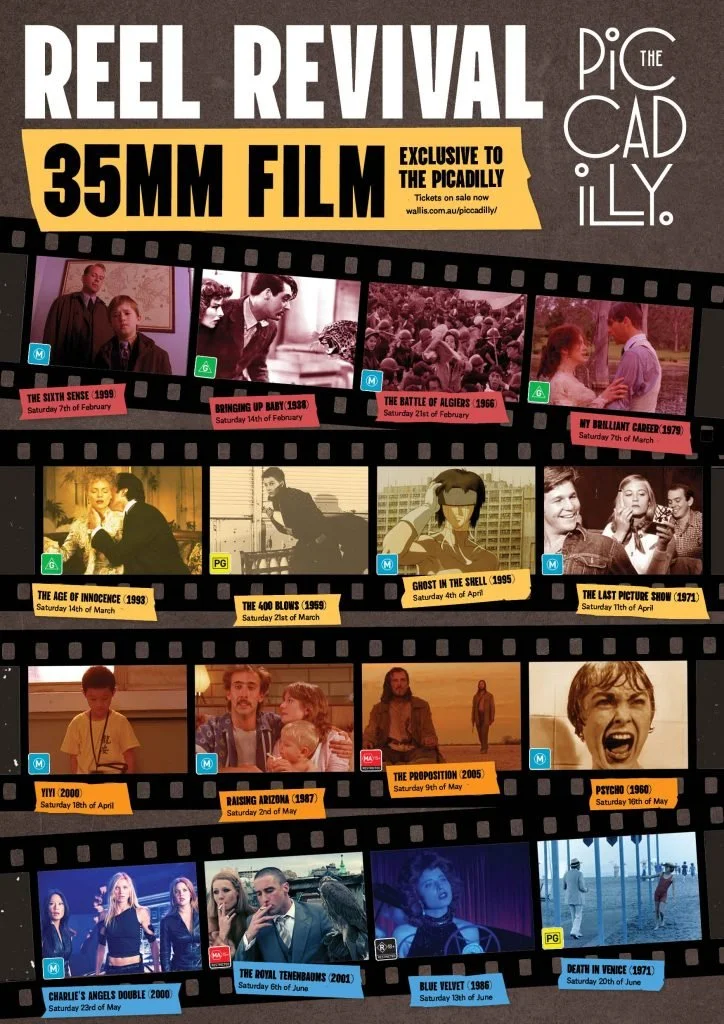 Film poster for Reel Revival at The Picadilly, featuring a 35mm film program including Psycho, The Proposition, and Ghost in the Shell from Feb-June.
