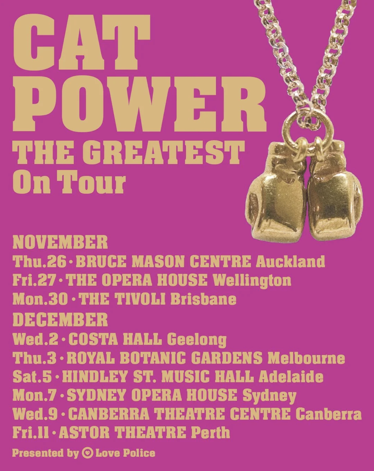 Cat Power The Greatest On Tour poster on a pink background, featuring a gold boxing gloves necklace and tour dates for Australia and New Zealand.
