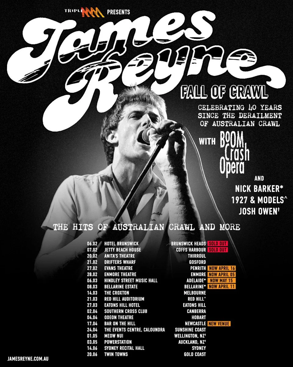 James Reyne 'Fall of Crawl' Australian tour poster featuring live performance photo and tour dates for 40 years of Australian Crawl hits.