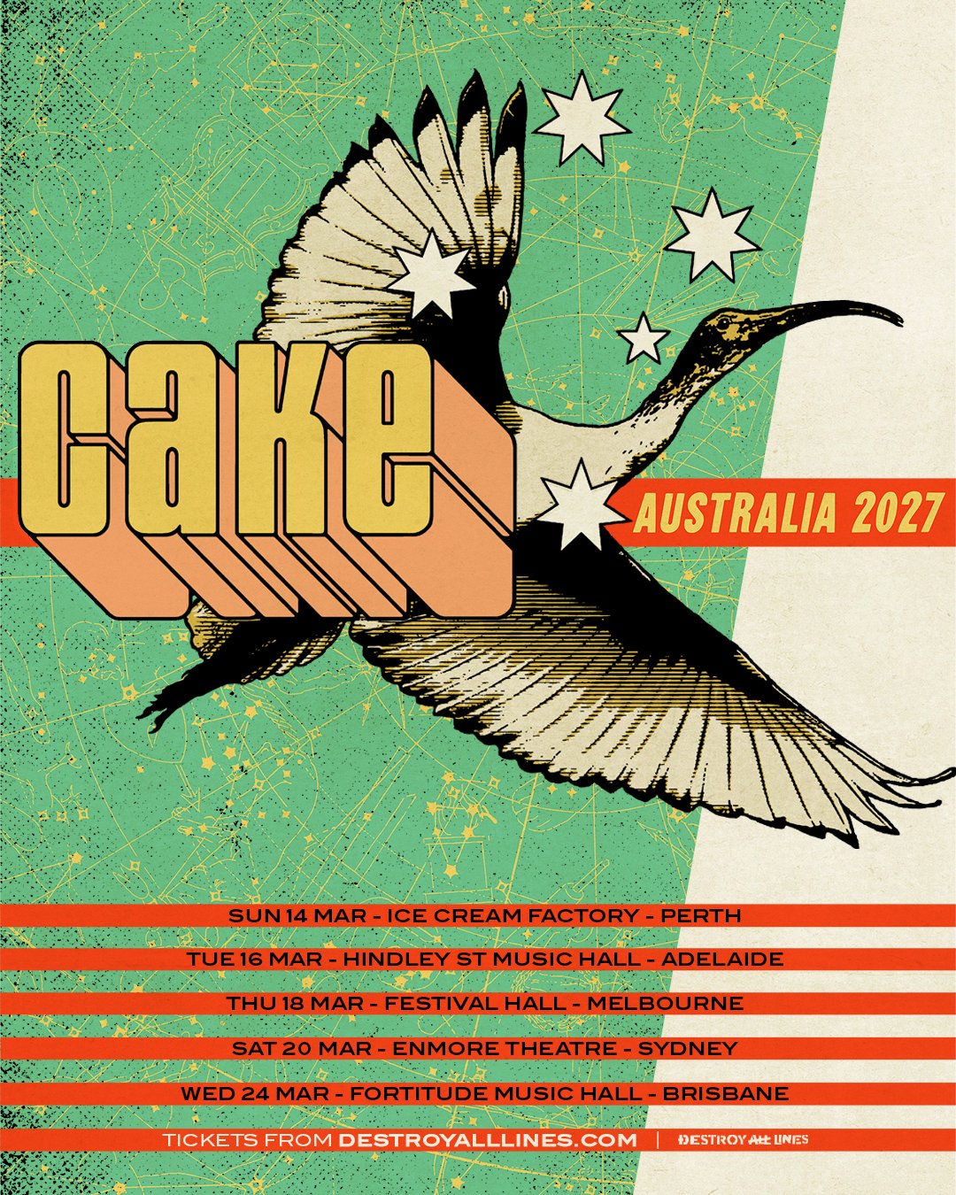 CAKE Australia 2027 tour poster featuring a retro 3D band logo over a flying ibis bird and white stars against a green, textured background.