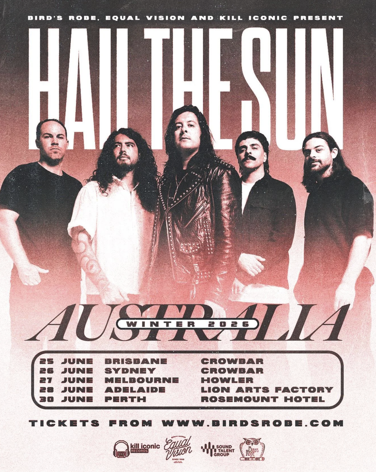 Hail the Sun's "Australia Winter 2026" tour poster featuring five band members with dates for Brisbane, Sydney, Melbourne, Adelaide, and Perth in June.
