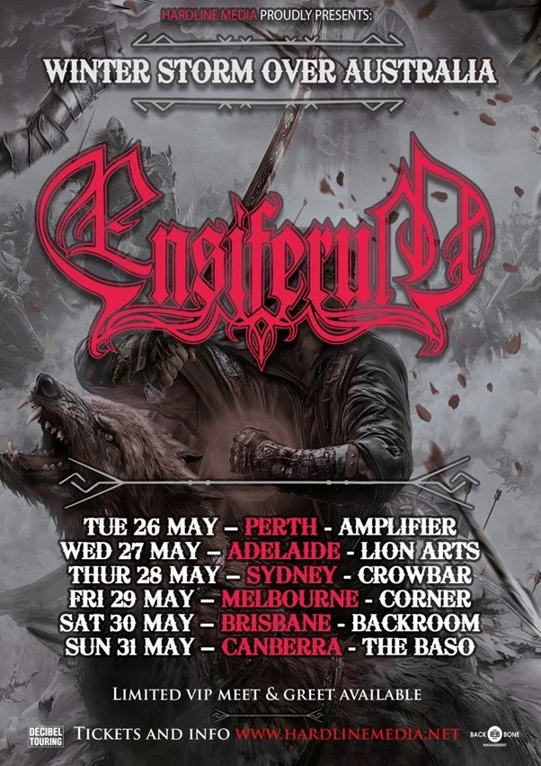 Ensiferum 'Winter Storm Over Australia' tour poster: Features a warrior and a wolf over the dates and venues, including Adelaide (Lion Arts) on May 27.