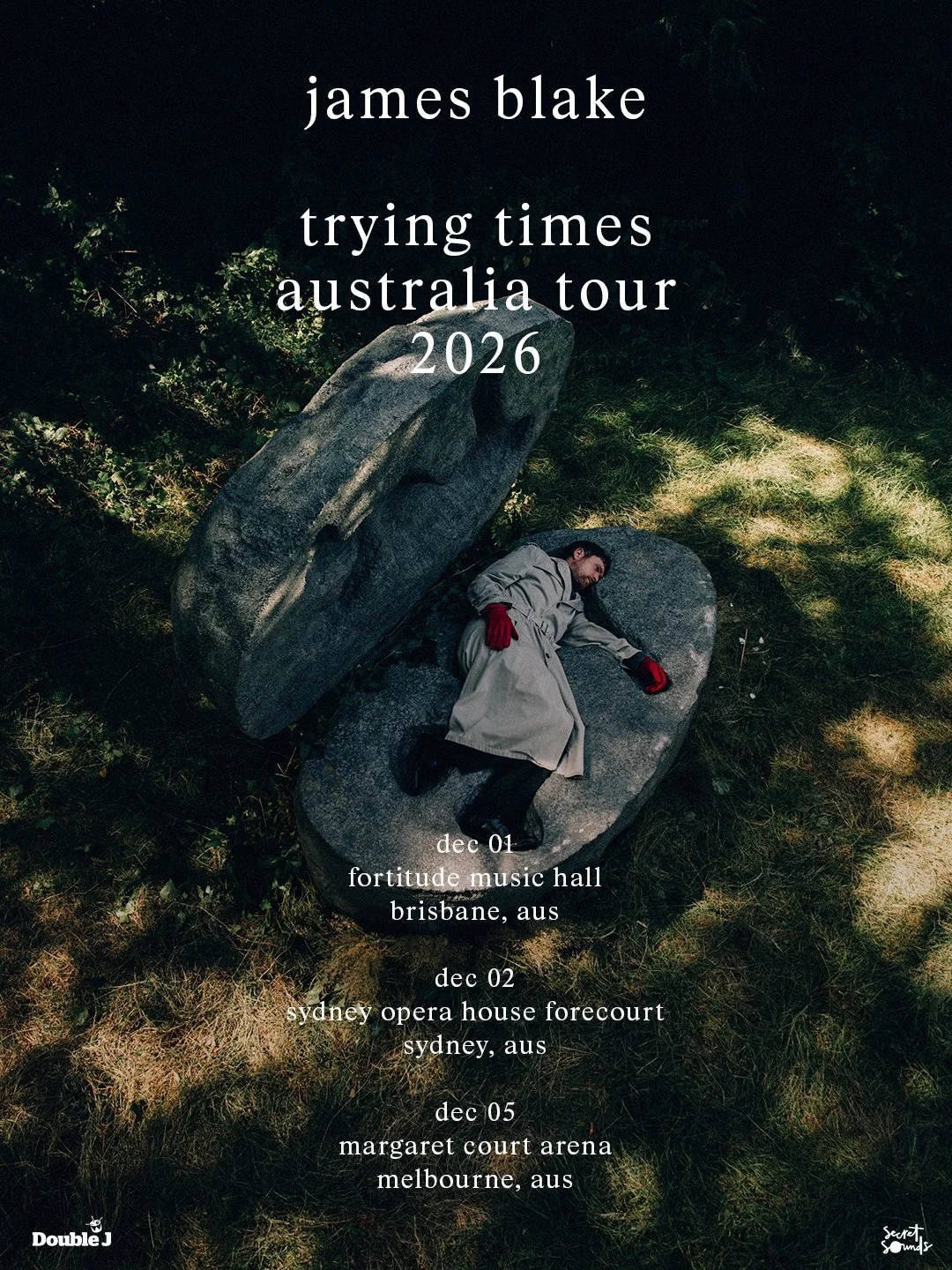 James Blake Trying Times Australia Tour 2026 poster featuring dates for Brisbane, Sydney, and Melbourne with an image of Blake lying in a stone.