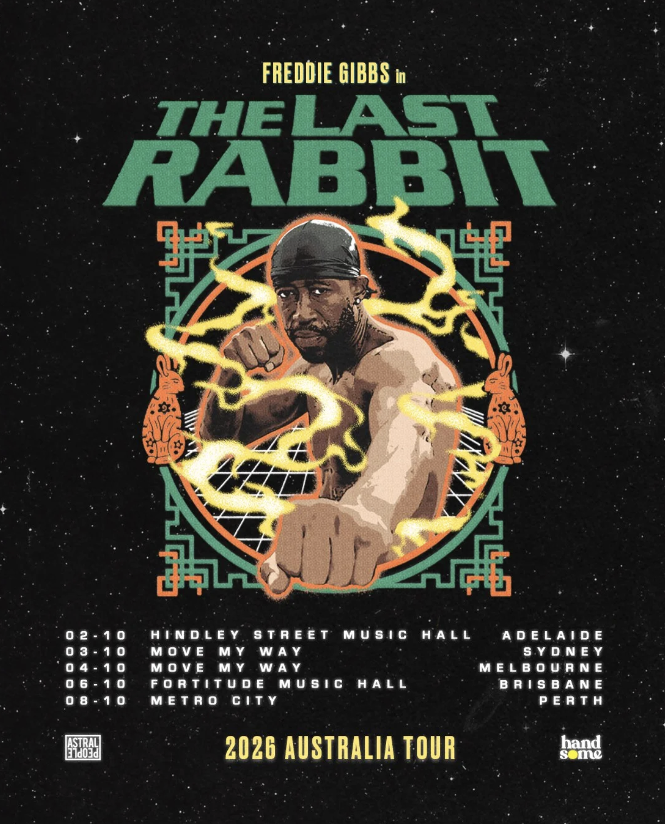 Freddie Gibbs 'The Last Rabbit' 2026 Australia tour poster, featuring an illustration of the rapper boxing amidst yellow energy on a starry background.