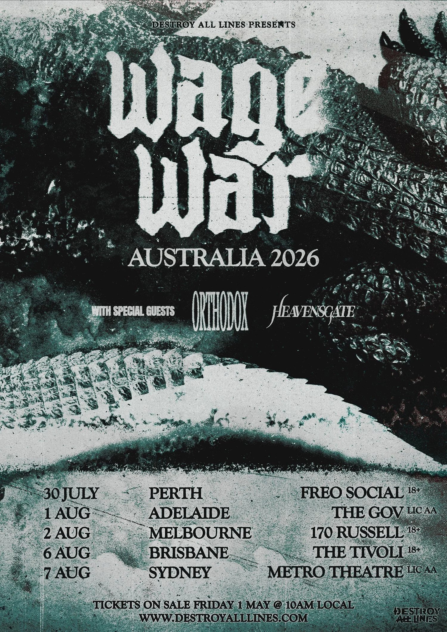 Wage War Australia 2026 tour poster featuring Orthodox and Heavensgate. Dates include Perth, Adelaide, Melbourne, Brisbane, and Sydney in July and Aug.