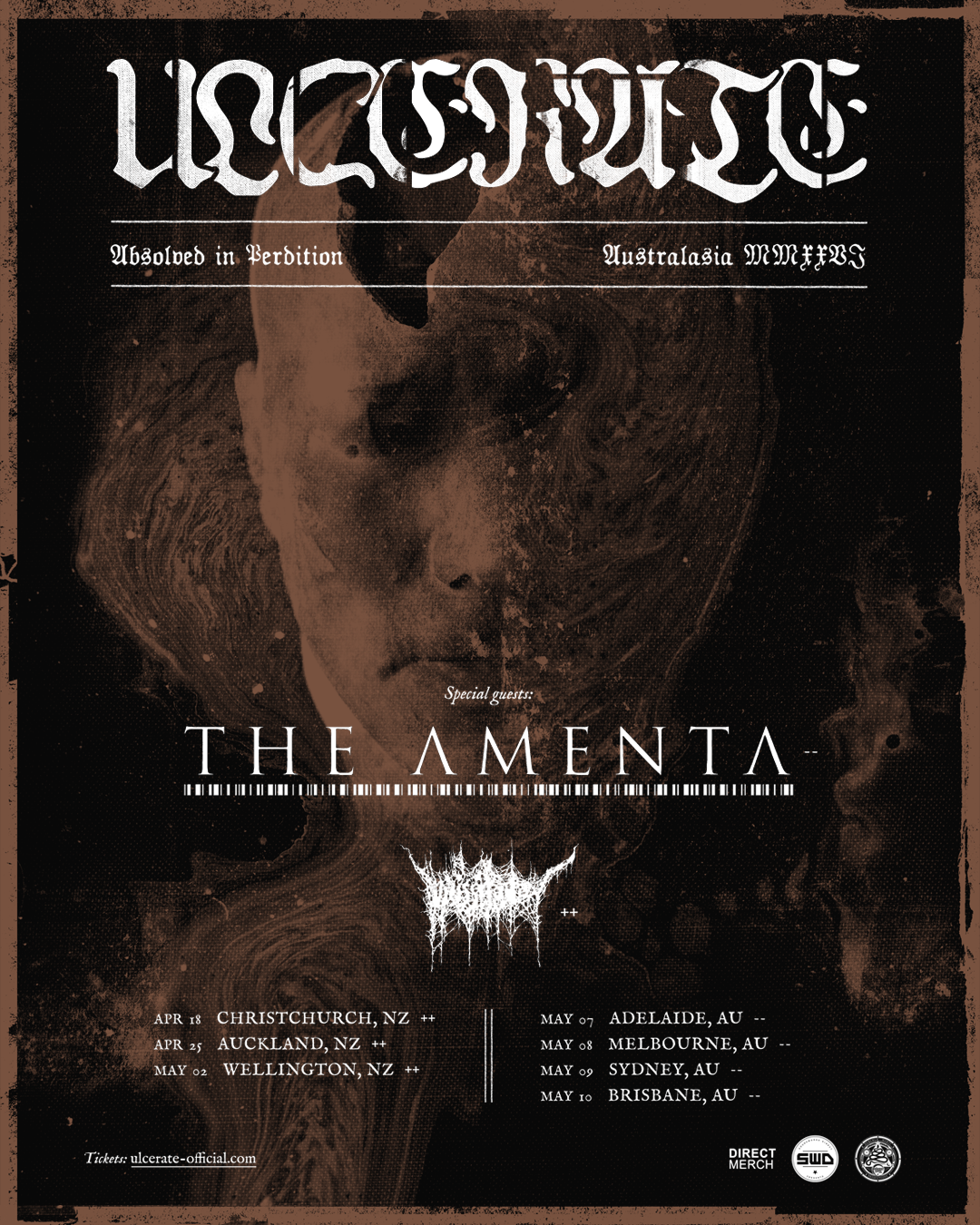 Ulcerate Australasia tour poster for "Absolved in Perdition" 2026. Dates in NZ and AU with special guests The Amenta. Visit ulcerate-official.com.