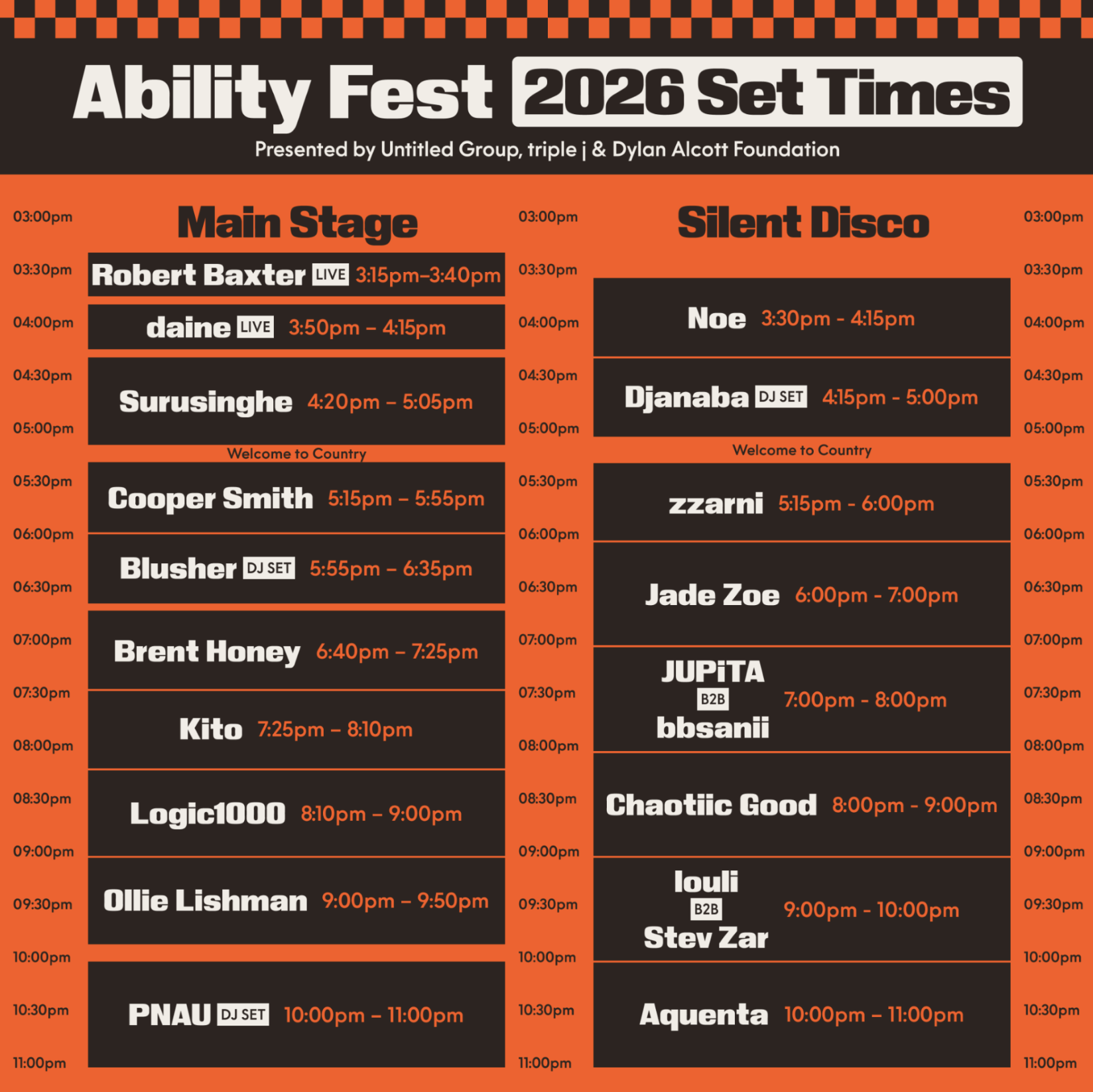 Ability Fest 2026 set times poster. Schedule for Main Stage and Silent Disco featuring PNAU, Logic1000, and Kito in an orange and black design.