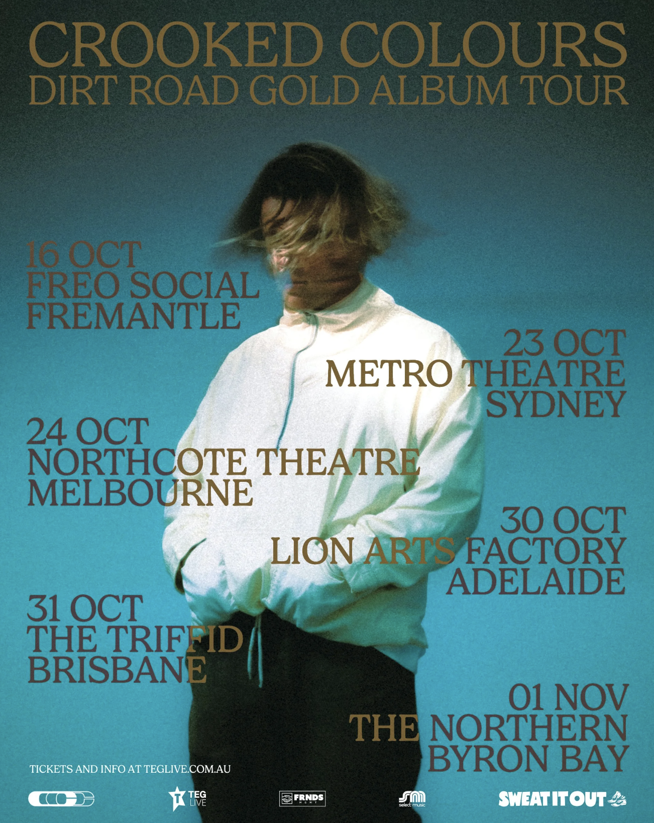 Crooked Colours tour poster for the Dirt Road Gold Album Tour, listing Australian concert dates in Fremantle, Sydney, Melbourne, Adelaide, and Brisbane.