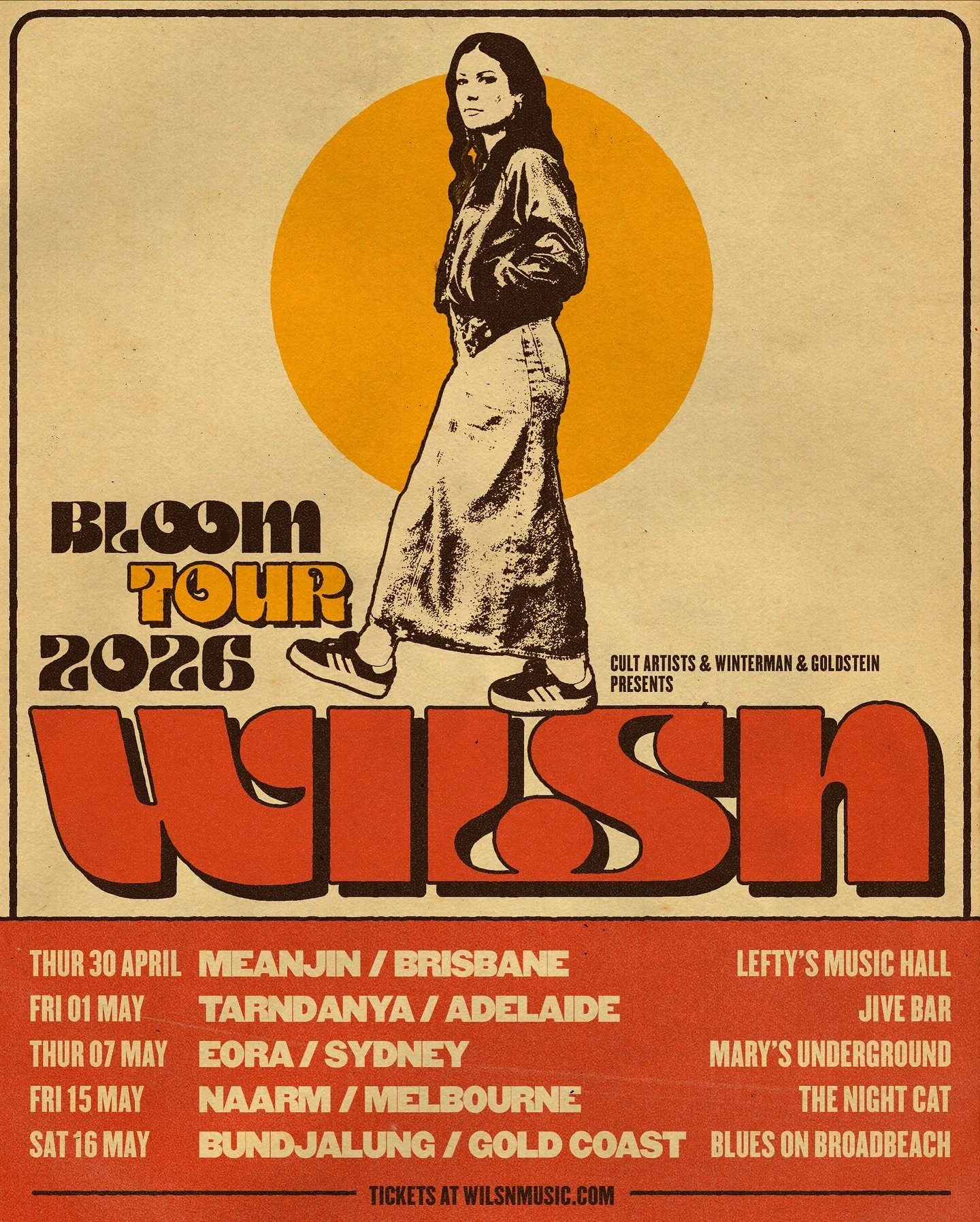 WILSN Bloom Tour 2026 poster with a retro aesthetic. Includes Australian dates for Brisbane, Adelaide, Sydney, Melbourne, and the Gold Coast.