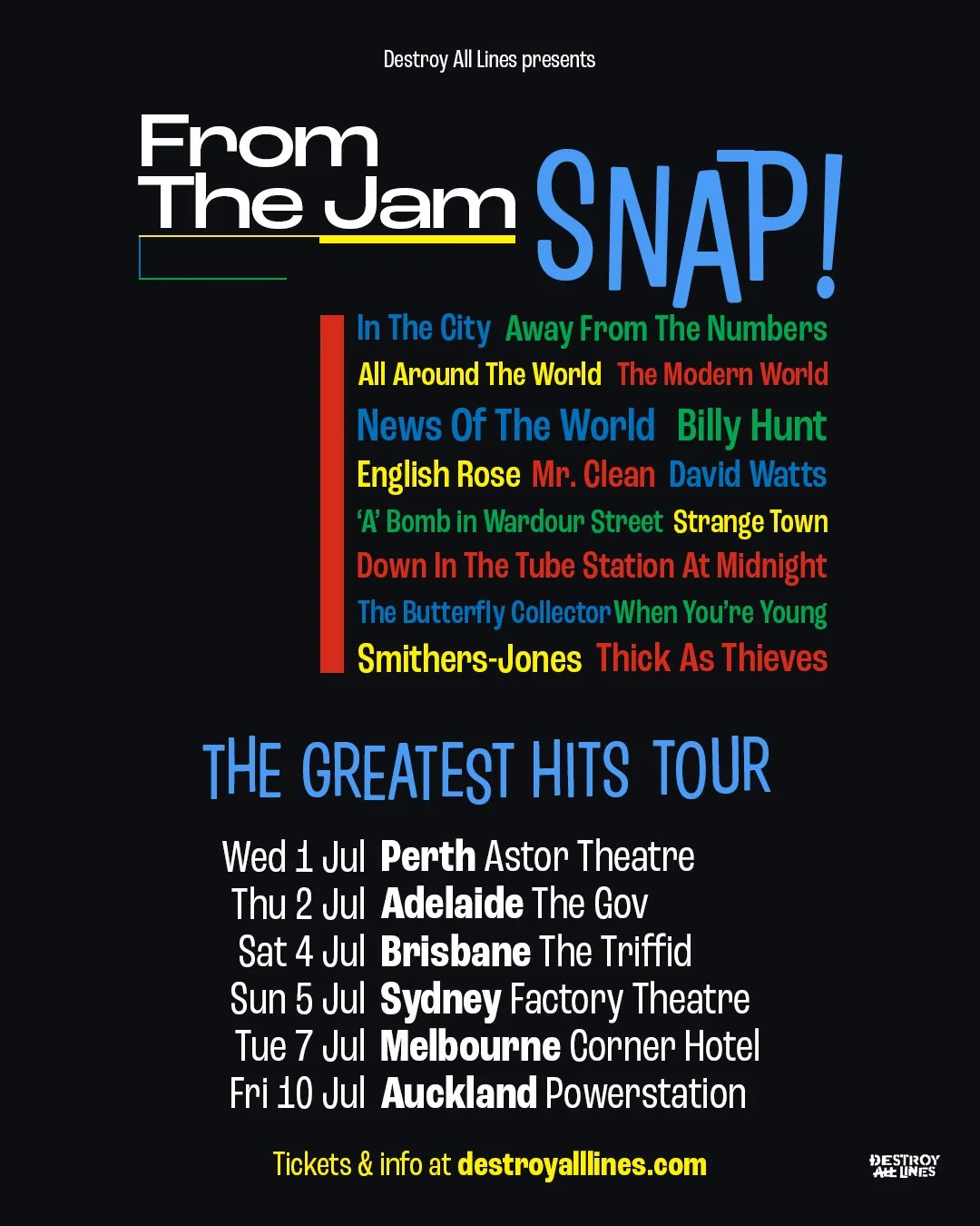 From The Jam "SNAP!" Greatest Hits Australian and New Zealand tour poster listing 2026 dates in Perth, Adelaide, Brisbane, Sydney, Melbourne, Auckland.
