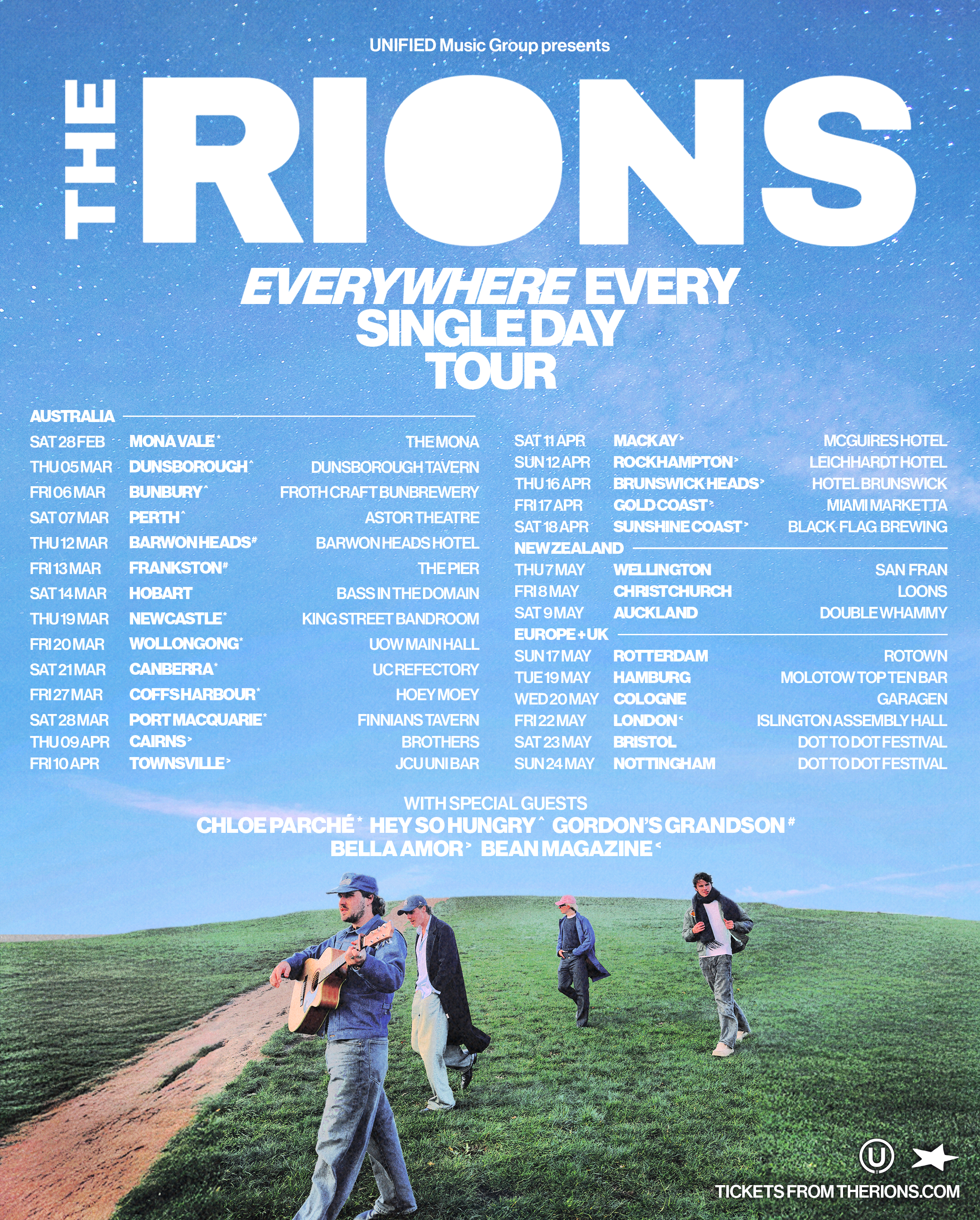 Tour poster for Australian indie band The Rions announcing the Everywhere Every Single Day Tour with 2026 dates across Australia, New Zealand, Europe and the UK.