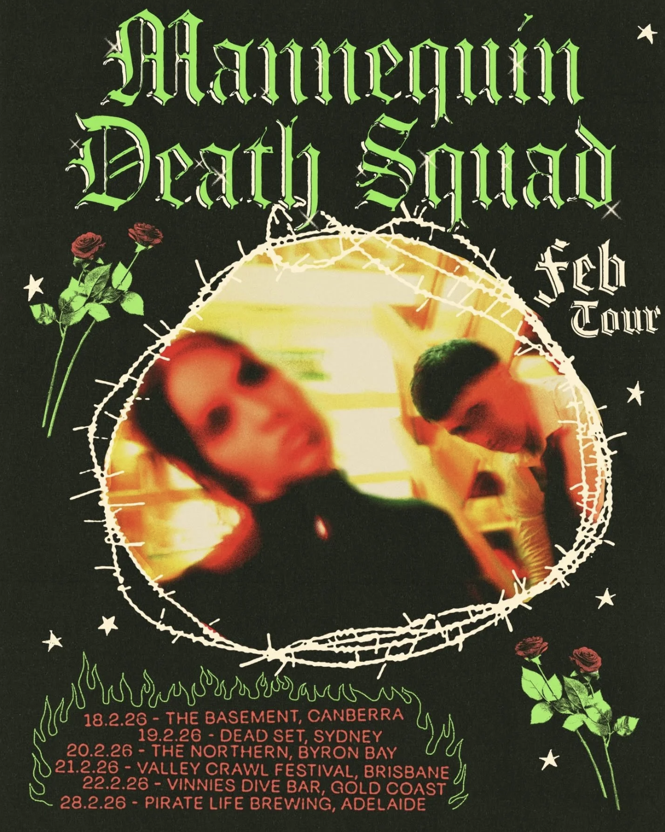 Tour poster for Mannequin Death Squad's Feb 2026 Australian tour, featuring green Gothic text, red roses, and dates for Sydney, Brisbane, and more.
