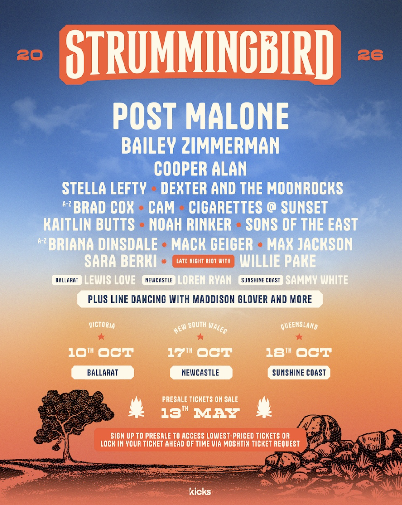Strummingbird Festival 2026 poster featuring Post Malone and Bailey Zimmerman. Includes October dates for Ballarat, Newcastle, and Sunshine Coast.