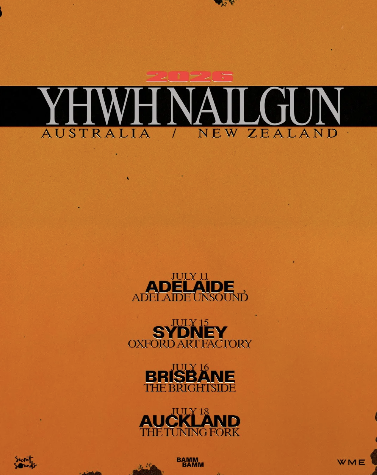 YHWH Nailgun 2026 Australia and New Zealand tour poster on orange background listing dates for Adelaide, Sydney, Brisbane, and Auckland performances.