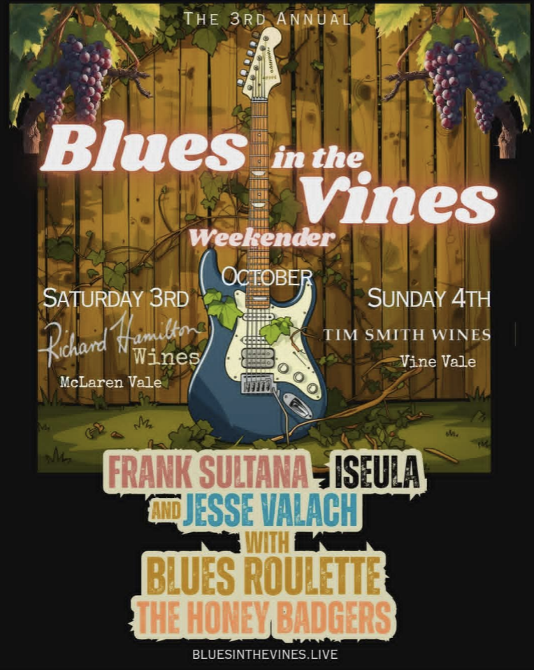 Event poster for the 3rd Annual Blues in the Vines Weekender in October, featuring an electric guitar, grapevines, and the live music artist lineup.