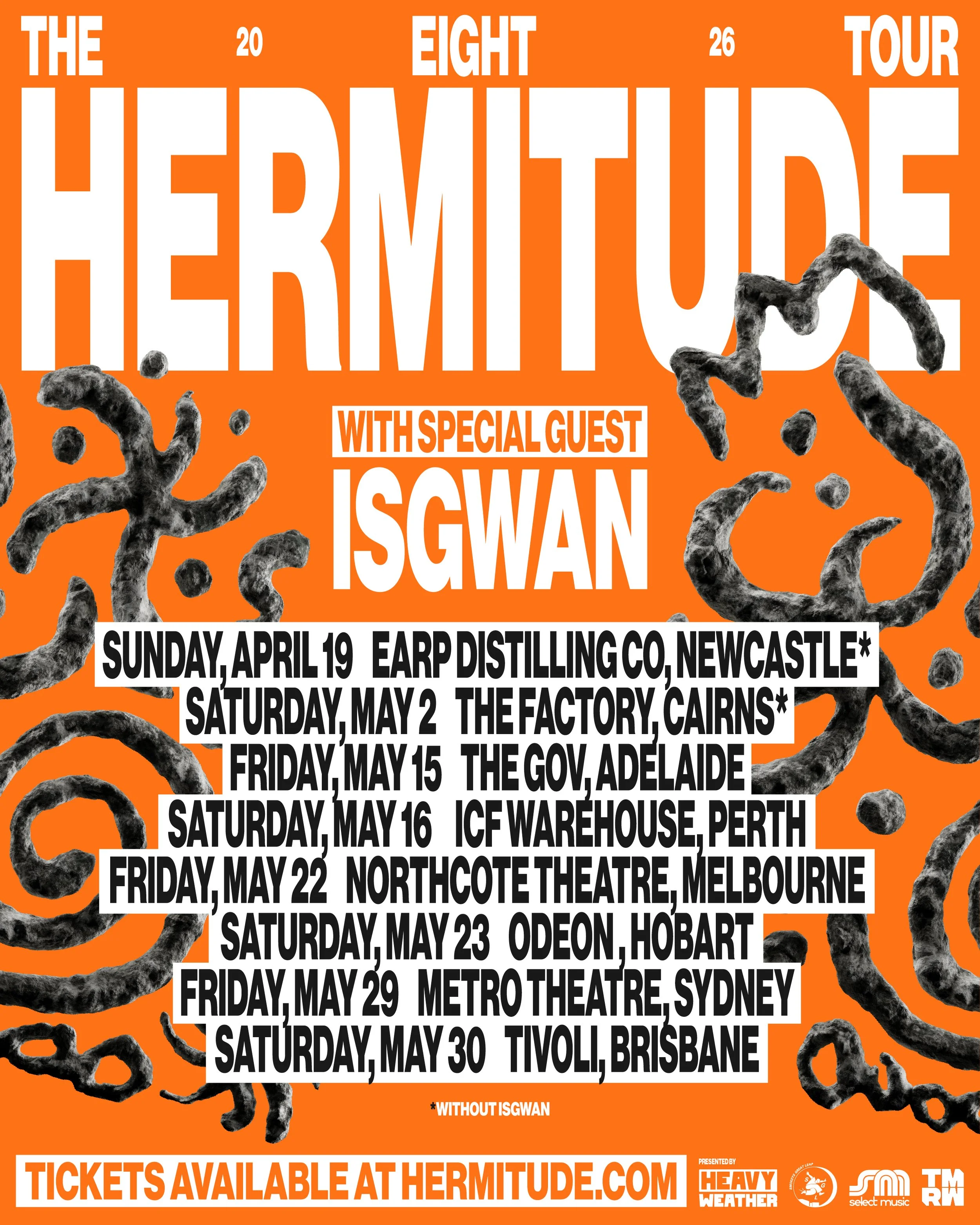 Hermitude "The Eight Tour" 2026 Australia poster featuring special guest ISGWAN with April and May dates for Newcastle, Cairns, Perth, and more.