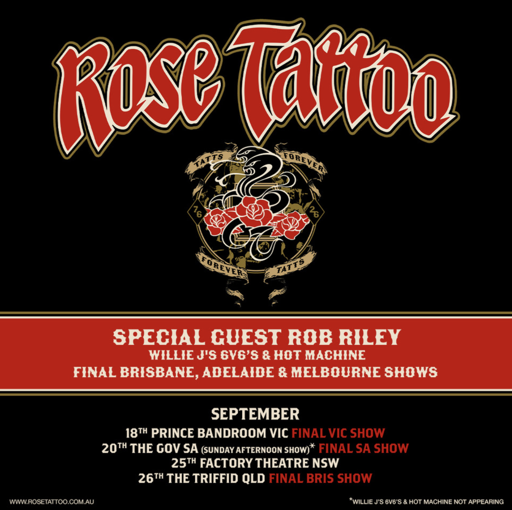 Rose Tattoo Australian tour poster featuring a snake and rose emblem, special guest Rob Riley, and September concert dates for VIC, SA, NSW, and QLD