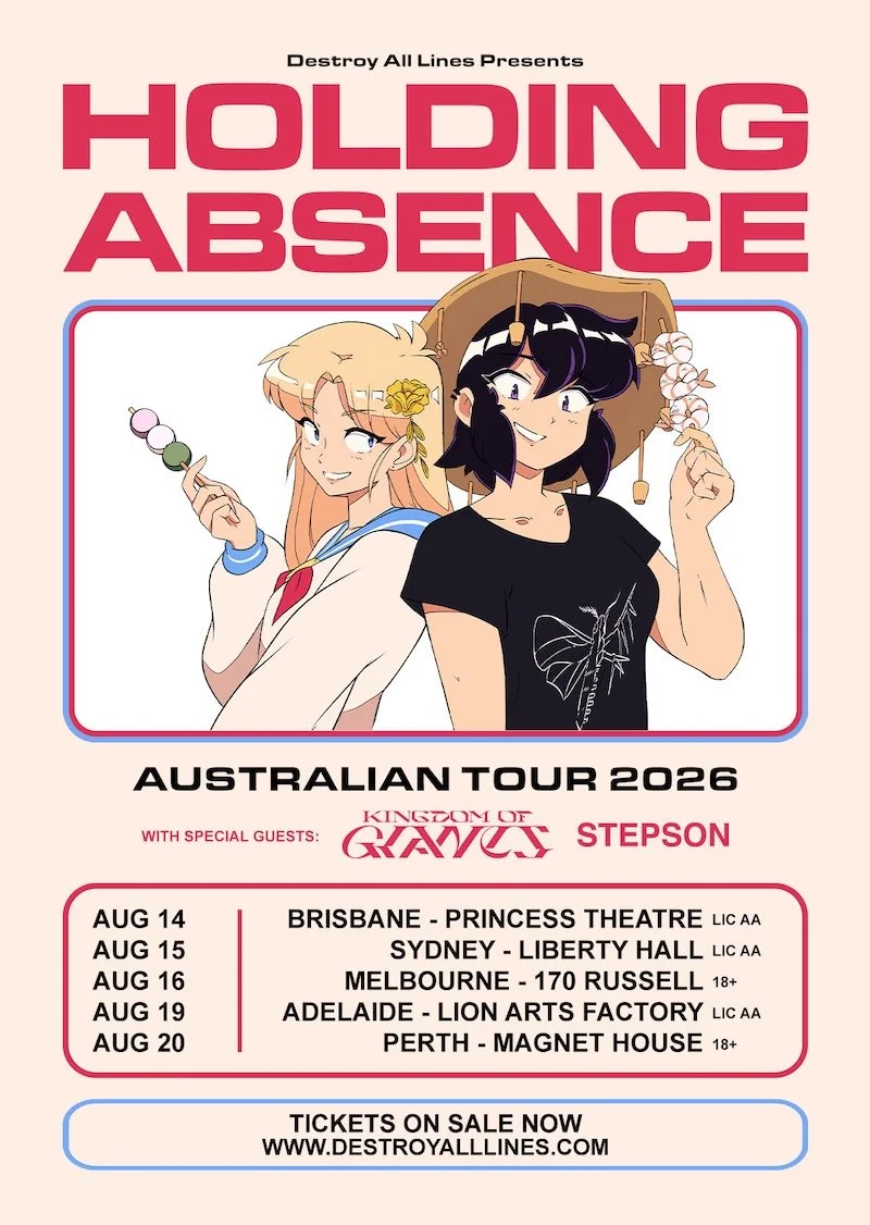 Holding Absence Australian Tour 2026 poster featuring anime-style art of two characters, with guests Kingdom of Giants and Stepson.