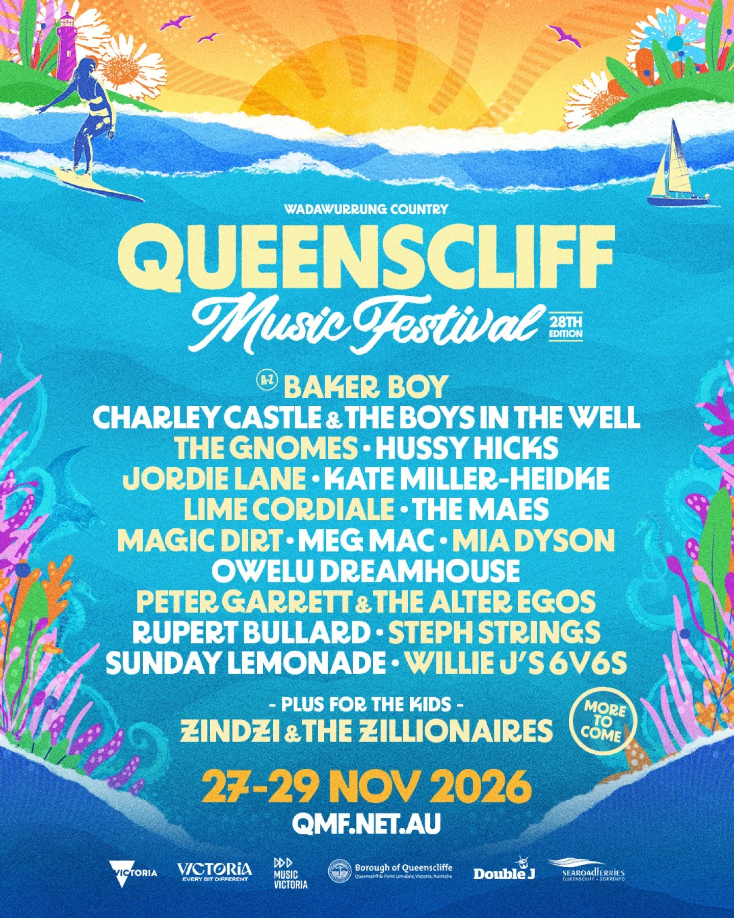 Queenscliff Music Festival 2026 poster on Wadawurrung Country featuring Baker Boy, Lime Cordiale, and dates Nov 27-29 with an ocean theme.