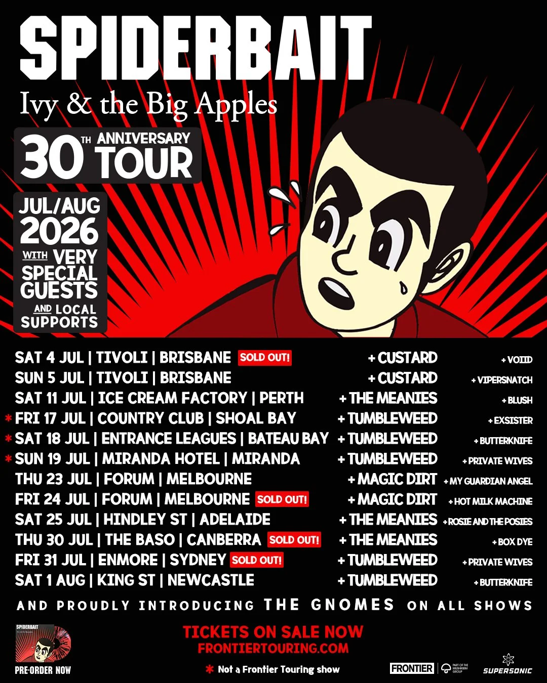 Spiderbait Ivy & the Big Apples 30th Anniversary Tour poster. July 2026 dates for Brisbane, Perth, Melbourne, Adelaide, and Sydney on a red backdrop.