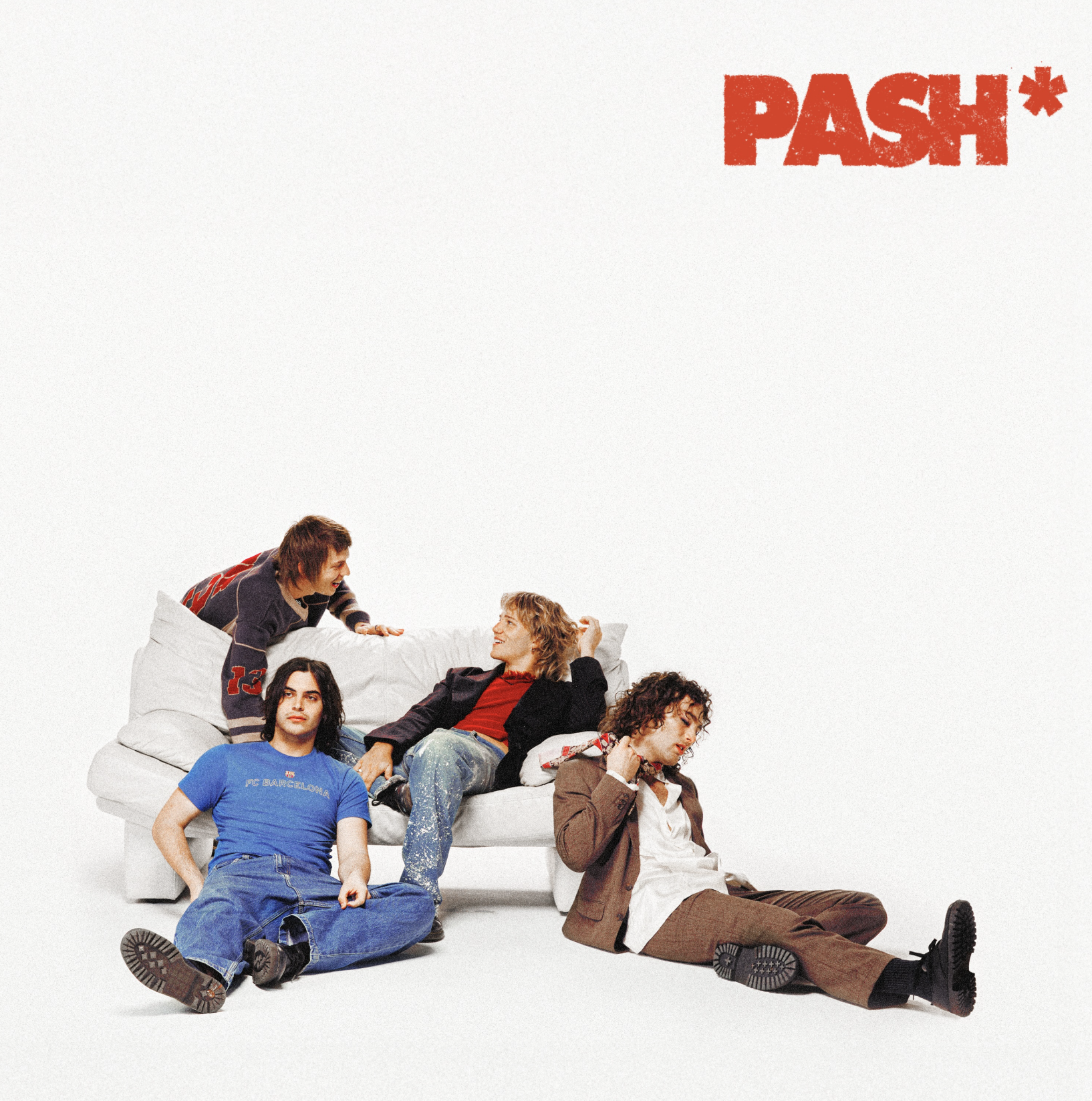 PASH band EP cover featuring four members posing on and around a white sofa against a bright white background, with "PASH*" in bold red text.