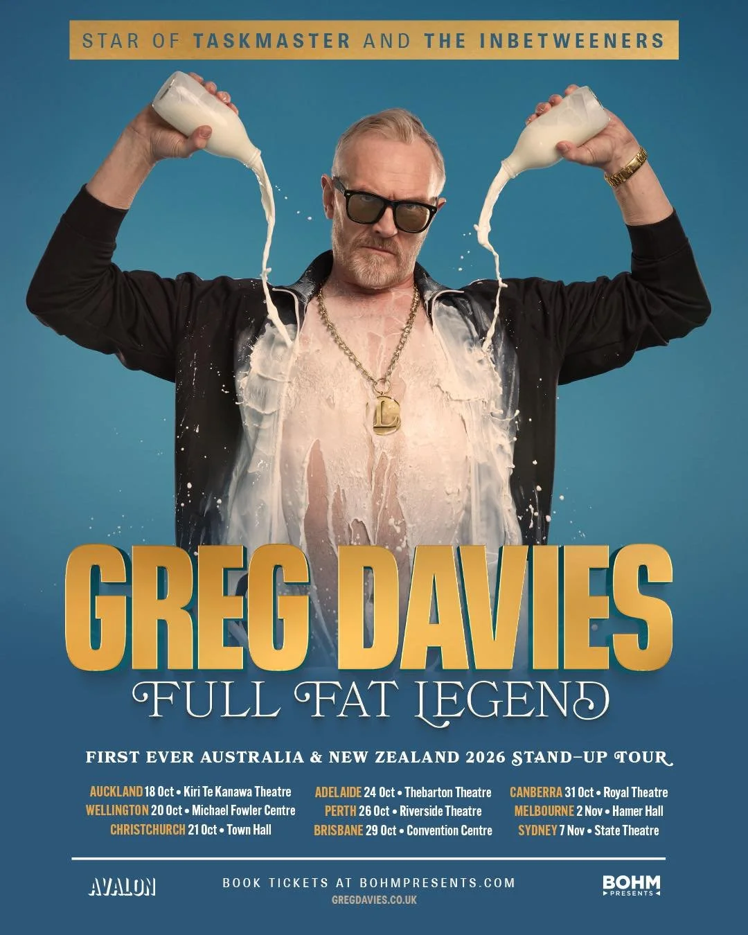 Greg Davies Full Fat Legend 2026 Australia & New Zealand tour poster. Comedy dates for Auckland, Wellington, Perth, Brisbane, Melbourne, and Sydney.