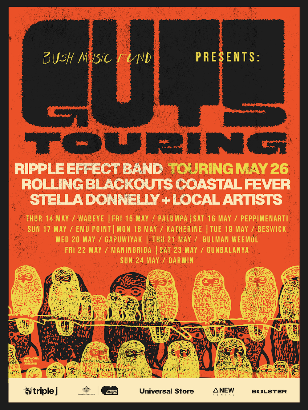Event poster for Guts Touring 2026 featuring Ripple Effect Band, Rolling Blackouts Coastal Fever, and Stella Donnelly across Northern Territory venues.