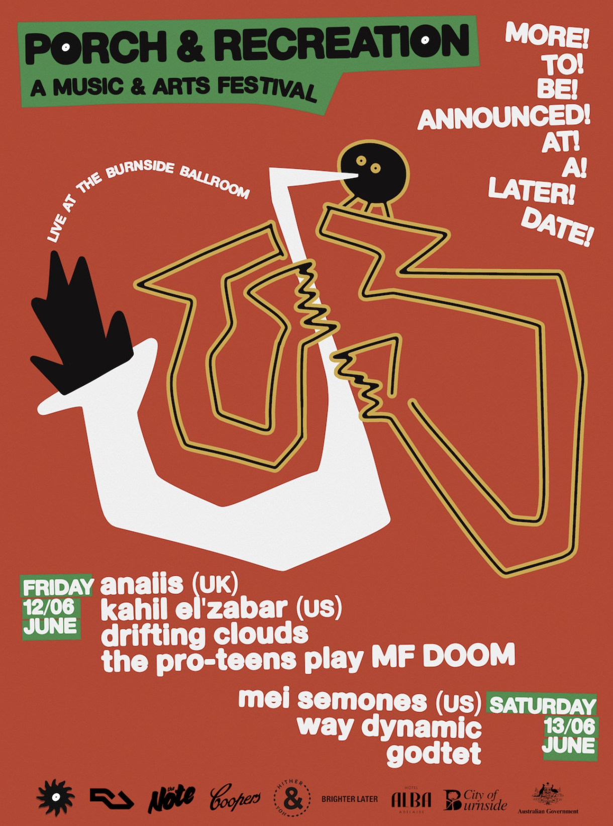 Poster for Porch & Recreation Music & Arts Festival at Burnside Ballroom, featuring anaiis, Kahil El’Zabar, Mei Semones, and more on June 12-13.