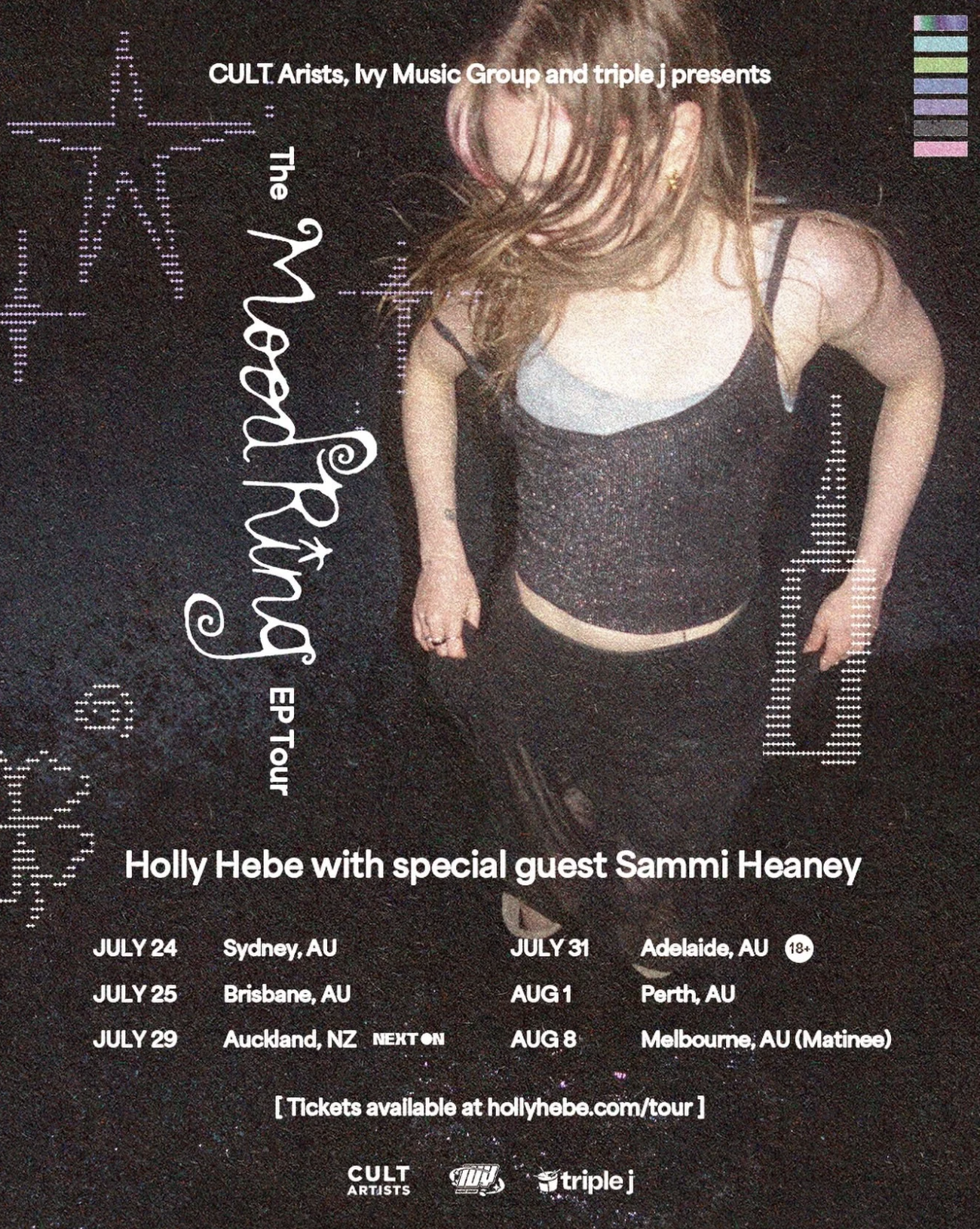 Holly Hebe Tour Poster.jpg for The Mood Ring EP Tour, listing July and August concert dates in Australia and New Zealand with guest Sammi Heaney.