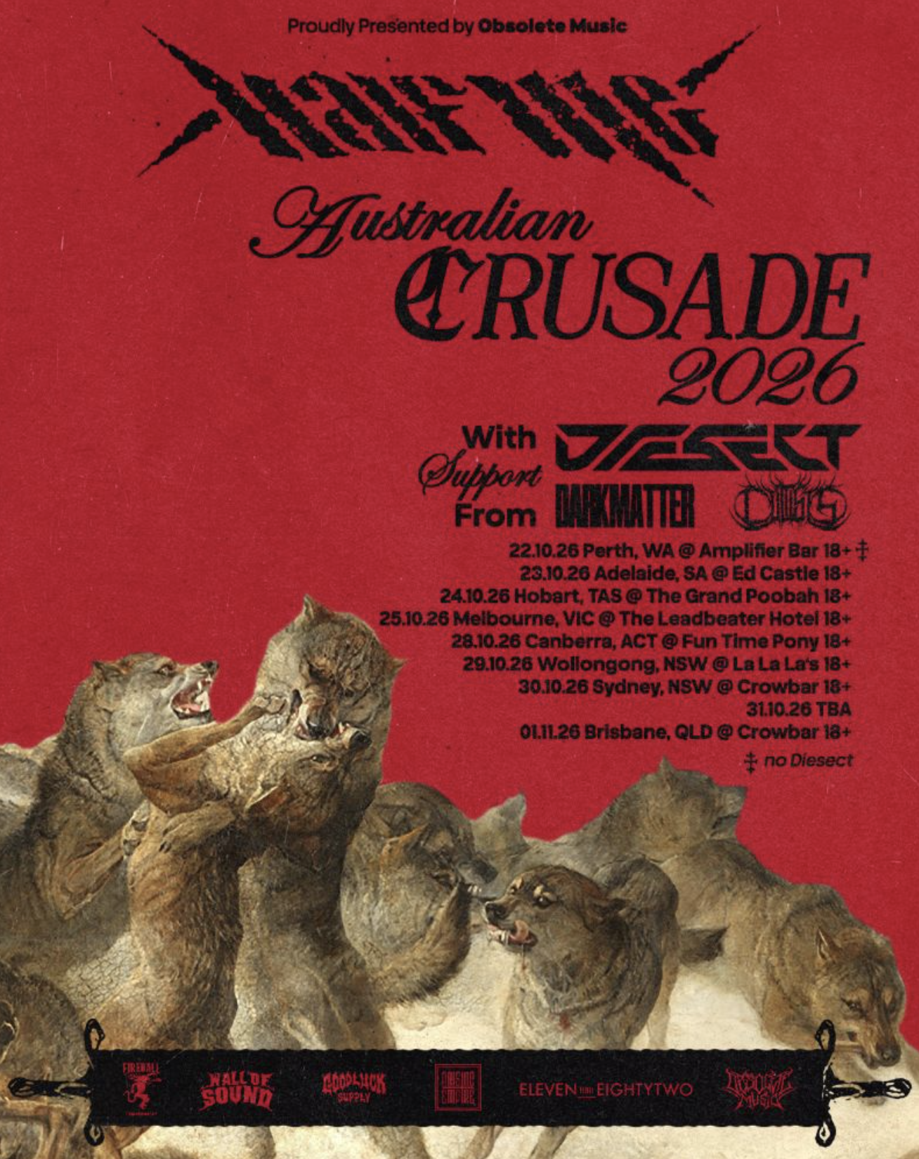 Tour poster for Half Me's "Australian Crusade 2026," featuring an illustration of wolves on a red background above late October concert dates.