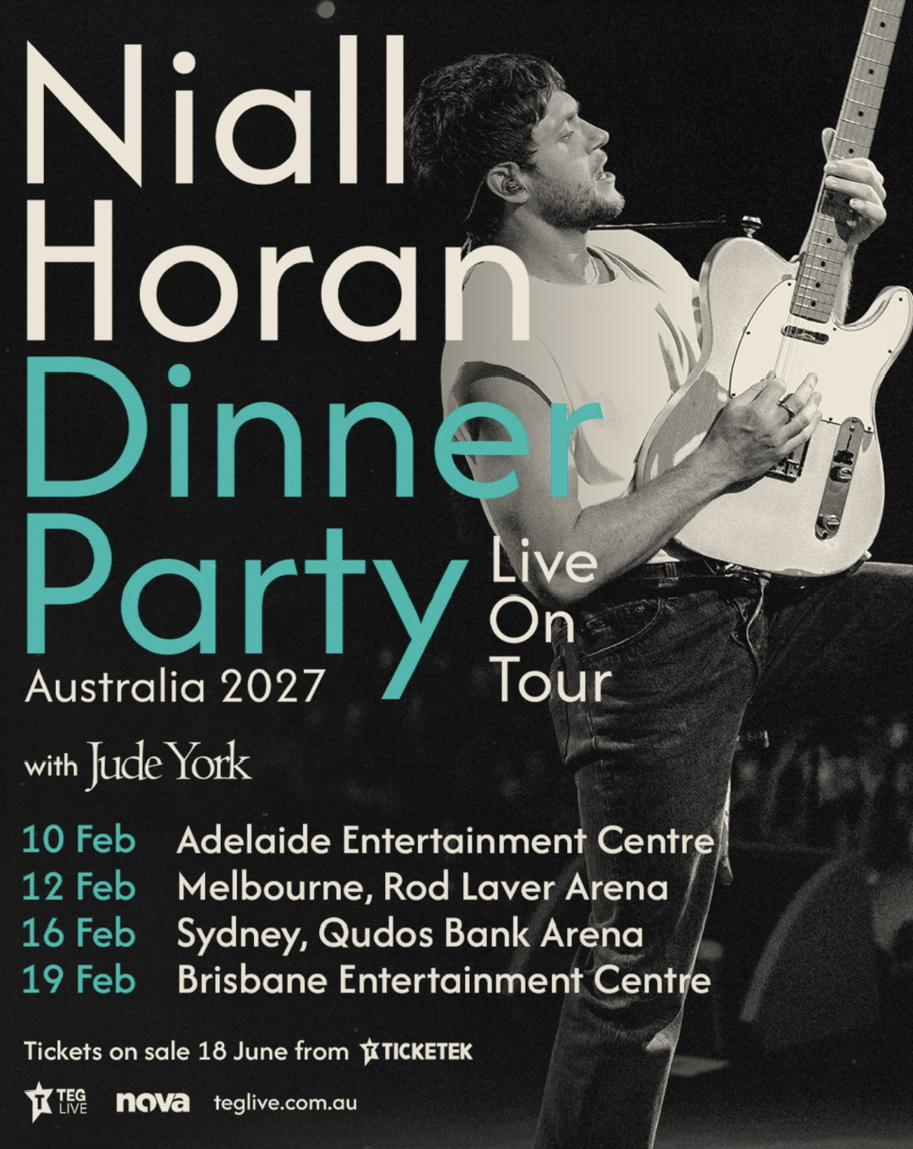 Concert poster for Dinner Party Live On Tour Australia 2027 with Jude York, listing city arena tour dates.